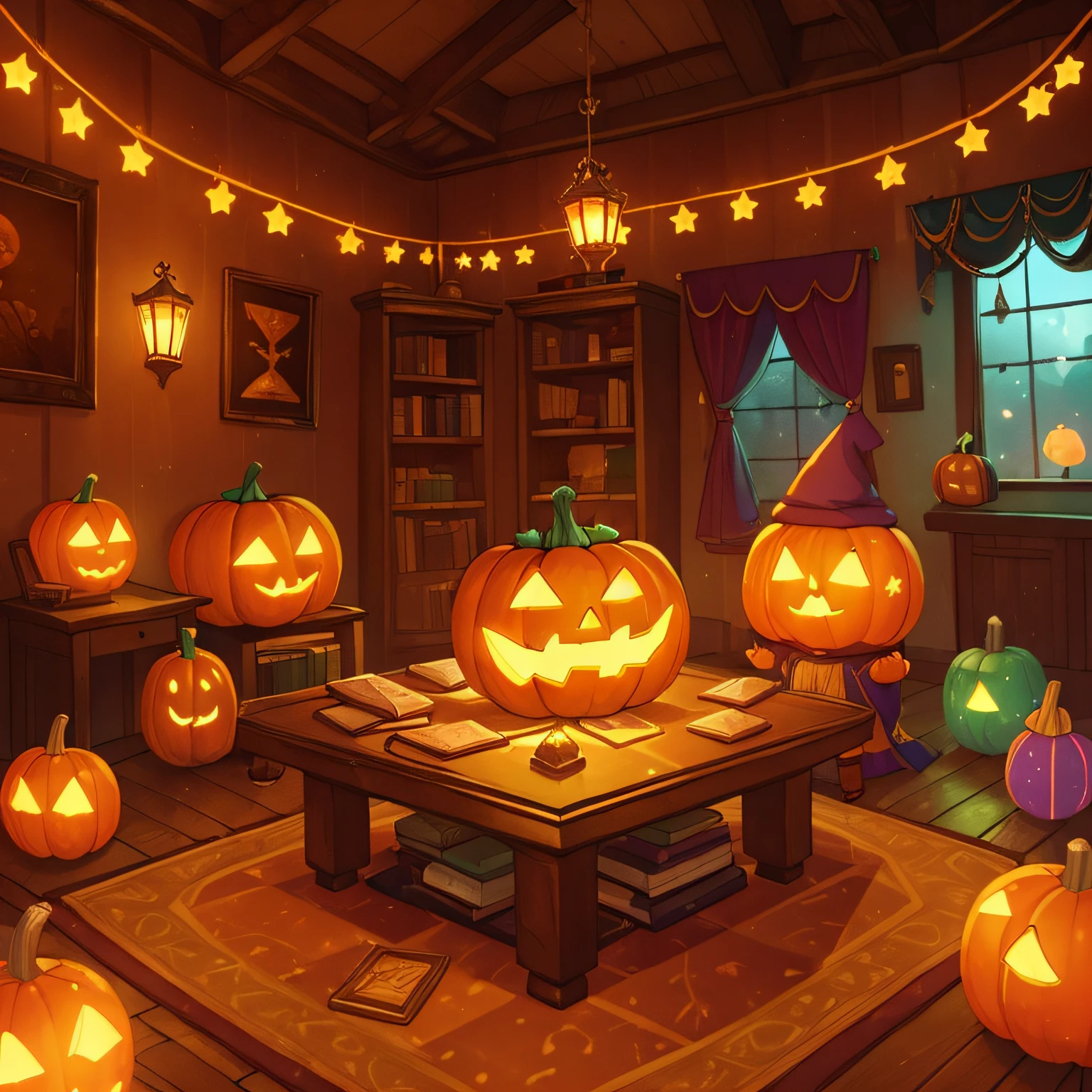 (best quality, high quality:1.3), CG, dramatic lighting, highly detailed, Bokeh, a room full of glowing riddles and puzzles, and a lonely magical talking pumpkin