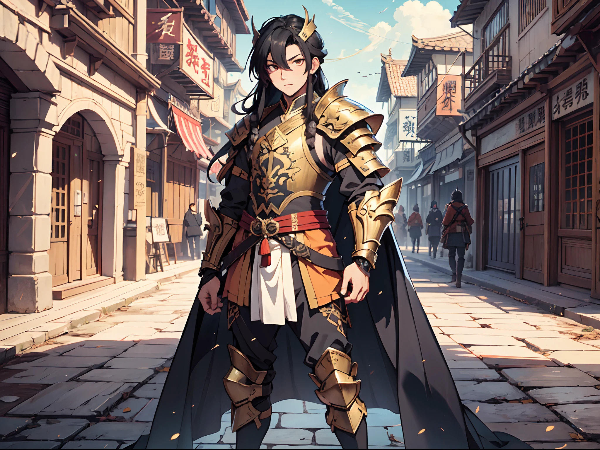 Ultra High Definition, Ultra High Quality, Extremely Detailed, Perfectly Detailed, Masterpiece, 8k, 1 Boy, Look A Like Xin From Kingdom Anime, Handsome, Armored With Chinese Emperor Armor, Black And Orange Pupil Eyes, Black Long Hair Tied, Full Body Shot, Ancient Kingdom Background