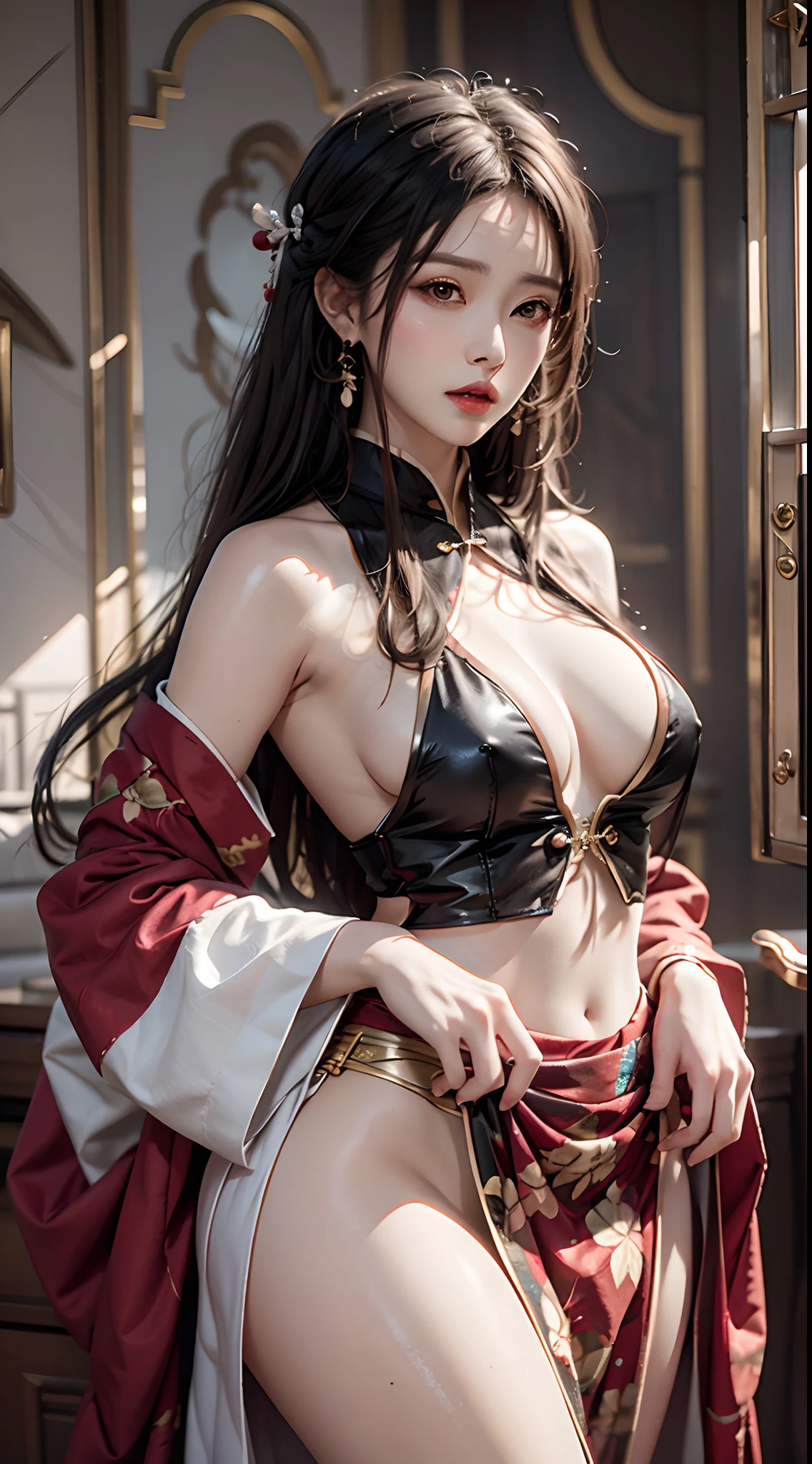photorealistic, high resolution, 1women, mature female, solo, hips up, jewelry, hanfu