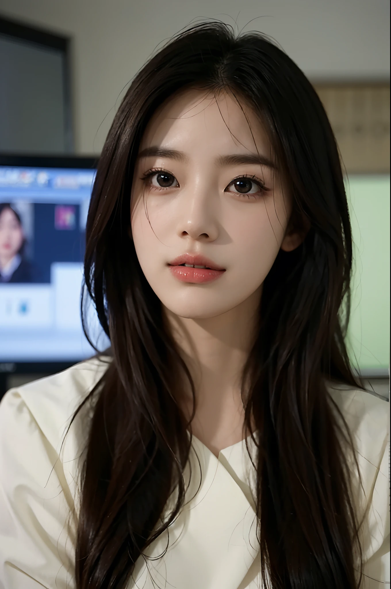 High-res, Realistic portrait of professional korean office lady with perfect skin,Professional suits,Women's suits,stand posture,The upper part of the body,Women in the workplace,Show confidence and maturity, Surrounded by a modern corporate environment, Vibrant and naturally lit highlights. The artwork should emphasize her elegant facial features, Including charming long eyes, Fluttering eyelashes and seductive lips. The scene should be enhanced with elements of professionalism and visual appeal,For example, Stylish work desk, Mainframe computers, High-resolution display, and complex stationery. The overall tone should be warm and professional, Has a soft and natural color palette. The artwork should exude a sense of professionalism, Success, and cultural pride,The background is blurred out