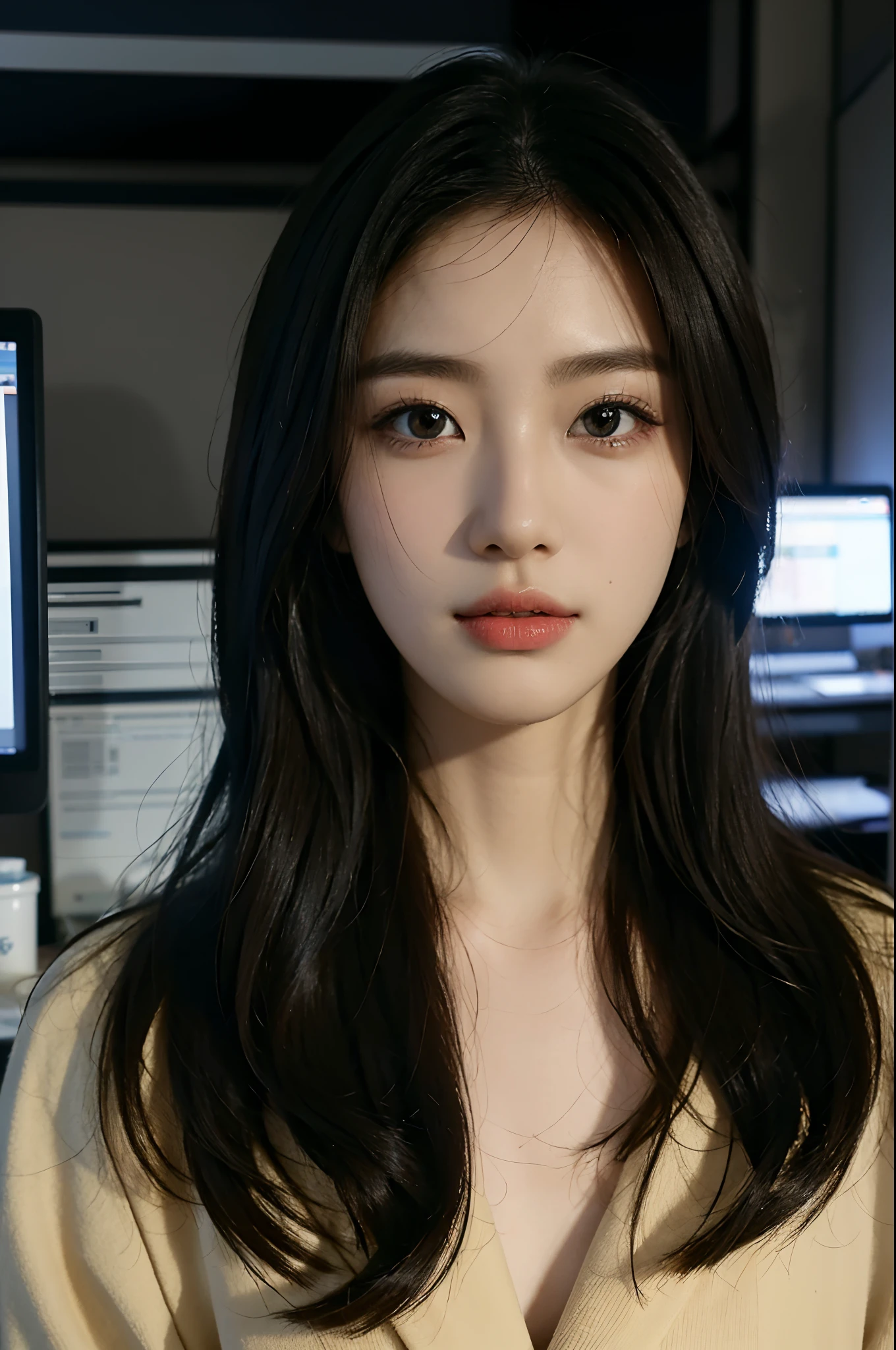 High-res, Realistic portrait of professional korean office lady with perfect skin，Professional suits，Women's suits，stand posture，The upper part of the body，Women in the workplace，Show confidence and maturity, Surrounded by a modern corporate environment, Vibrant and naturally lit highlights. The artwork should emphasize her elegant facial features, Including charming long eyes, Fluttering eyelashes and seductive lips. The scene should be enhanced with elements of professionalism and visual appeal，For example, Stylish work desk, Mainframe computers, High-resolution display, and complex stationery. The overall tone should be warm and professional, Has a soft and natural color palette. The artwork should exude a sense of professionalism, Success, and cultural pride，The background is blurred out