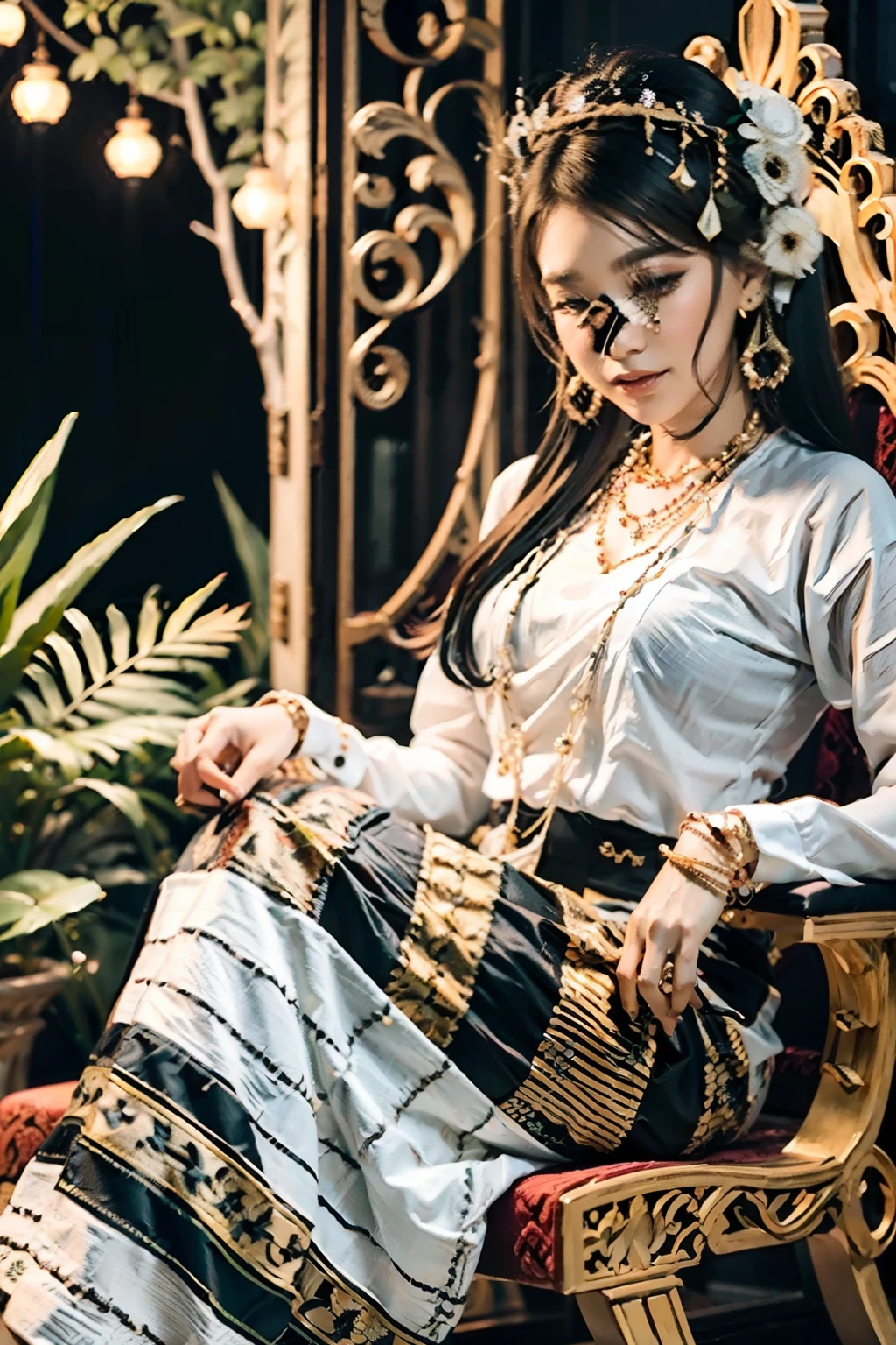 MMTD BURMESE PATTERNED TRADITIONAL DRESS WEAR BEAUTIFUL queen,WEAR PEARL NECKLACES AND GOLD BRACELETS,FULL BODY DETAILS BEAUTY, sitting in royal manner on the long golden traditional throne in golden palace, Myanmar traditional hair style,best composition, full view covered shot, cenimatic lightning and ultra realistic details, octane rendering, unreal engine, sharp focus,32k ,hd resolution