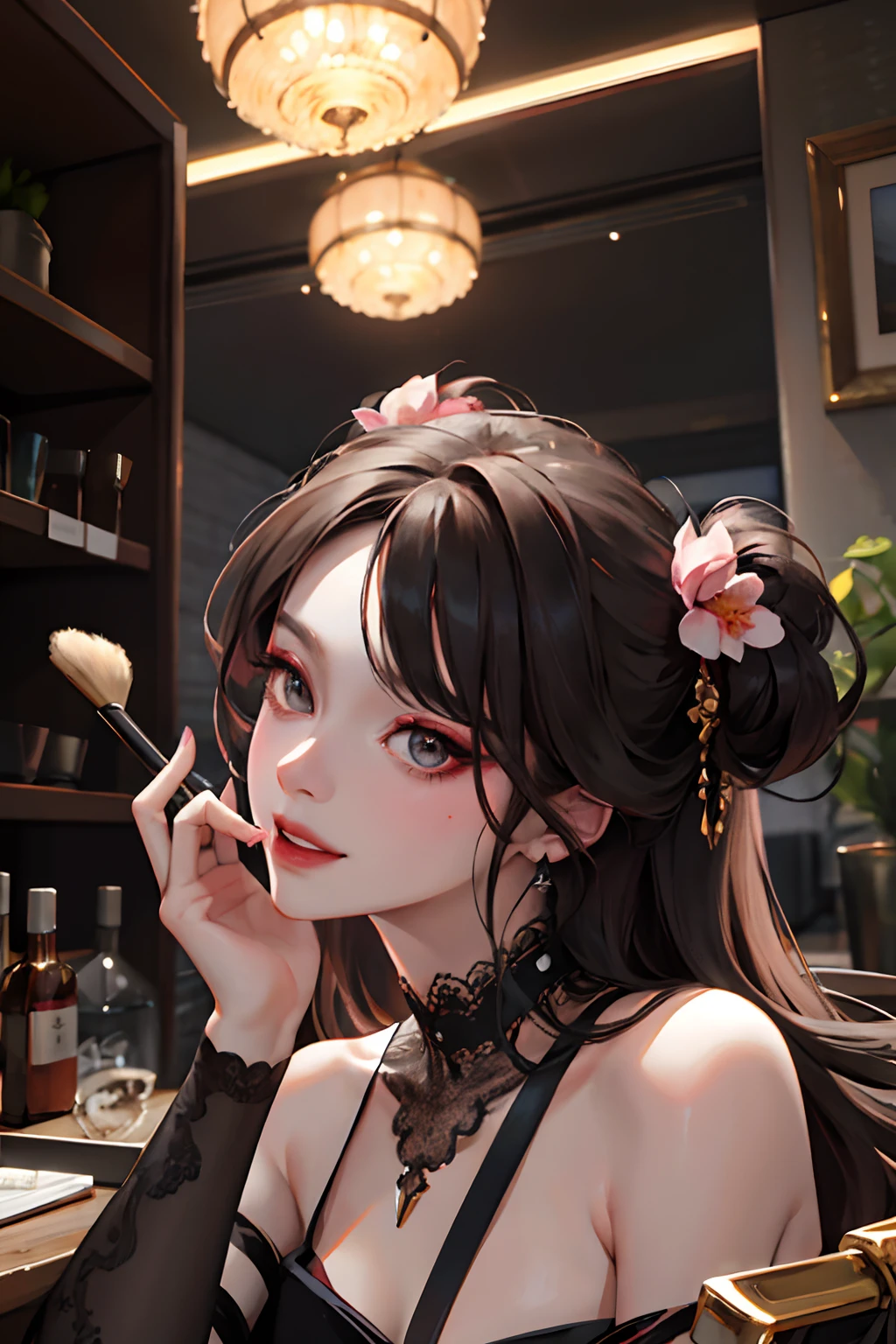 A sexy and seductive lady,30-years old,Peach blossom eyes,Smoky makeup,Dark eyeshadow,Heavy makeup,whaite hair,Qi bangs long hair,The shirt,Teasing expressions,sexual teasing,putting makeup on,A seductive smile,high-class sense,hyper HD,tmasterpiece,,8K,best qualtiy,ccurate,very detailed character,(8K,RAW photogr,best qualtiy,tmasterpiece,,:1.2),((role)concept-art),The upper part of the body,finedetail,The center of the screen,
