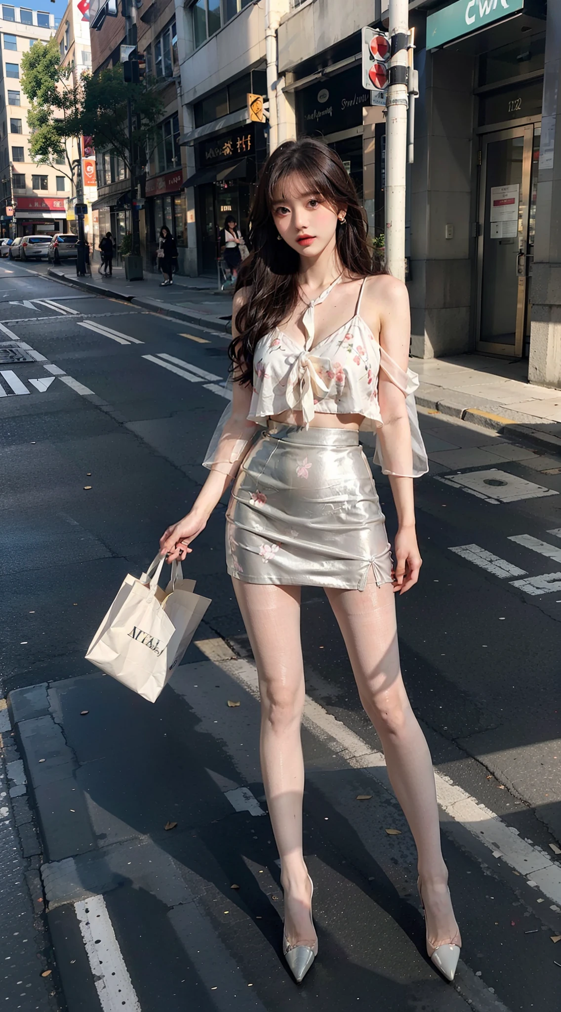 Fashion portrait photos, 1 elegant lady,curls, Full body portrait,Spectacular neon lights,Standing elegantly on the street corner ,Perfect body,Small cleavage,Deep V,Long legs,Elegant plaid long skirt,1950 retro style,Real background