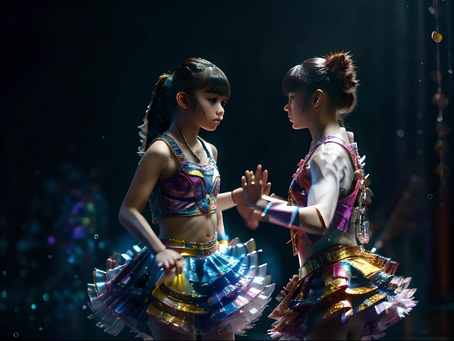 beautiful  girl is doing Apache dance with her friend, looking into the camera, photorealistic painting, sharp focus, 8k, perfect composition, trending on art station, award-winning photograph, unreal engine 5, cinematic smooth, intricate detail, highly detailed, from below, splash, fractal art, god ray, rainbow, asuka