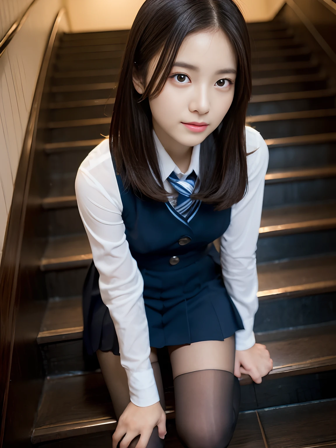 Bigchest、big assa、White short sleeve sailor uniform、Dark blue checked pleated skirt、A smile、Colossal tits、By bangs、A junior high school student、Classroom、real looking skin、poneyTail