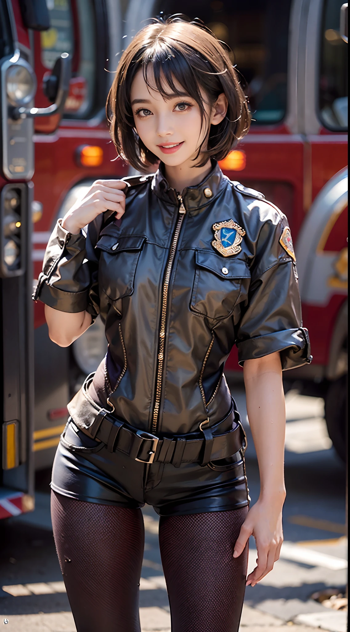 (NSFW), 1womanl, Solo, 24 year old, 7headed body, (cute face), (Ideal ratio body proportions), American cityscape, firefighter, Stand in front of a fire truck, Smiling smile, The costume is sheer, Wet, short-hair, Dark hair, small tits, A slender, Small buttocks, beauty legs, Skinny Legs, surrealism, Cinematic lighting, depth of fields, One-person viewpoint, F/1.8, 135 mm, nffsw, masutepiece, ccurate, Anatomically correct, Textured skin, Super Detail, high details, High quality, awardwinning, Best Quality, hight resolution, 8K
