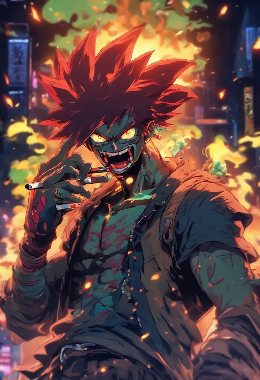 A anime boy with comeback attitude
With fire everything very very very angered shouting + vampire teeth and tattoo on face + fly in air in standing position +laughing loudly + standing + hero cortume