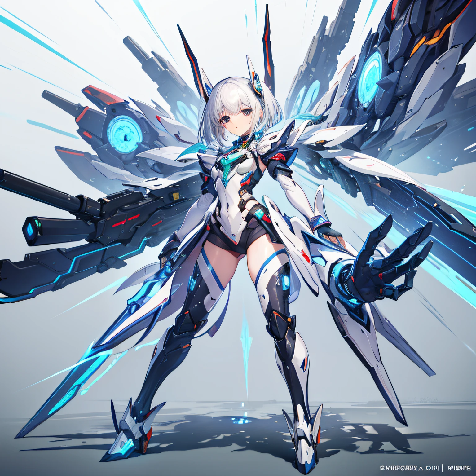 (full body:0.8),(official art), extremely delicate and beautiful, depth of field, solo, a beautiful detailed girl, solo,girl,white hair,(white (fur-trimmed coat:1.2)),(blue fire:1.3), (flame wings:1.3), (white tech bodysuit:1.2 ), (purple eyes:1.3),long hair,depth of field,white backround,(holding sword), clevage,(dynamic pose), (short hair),starry sky, (cyberpunk:1.2),floating crystal, (strappy heels, )