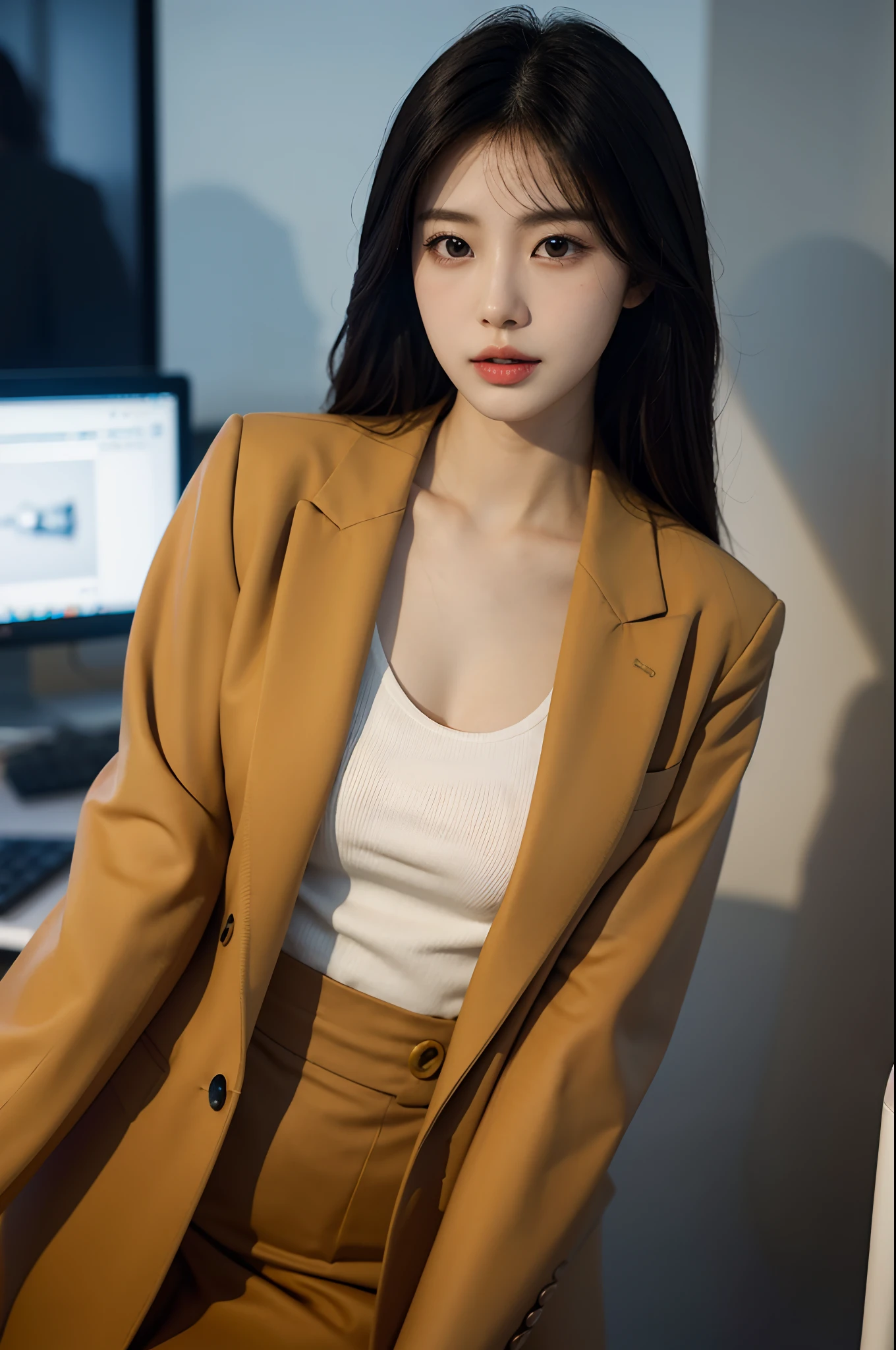 High-res, Realistic portrait of professional korean office lady with perfect skin，Professional suits，Women's suits，stand posture，The upper part of the body，Women in the workplace，Show confidence and maturity, Surrounded by a modern corporate environment, Vibrant and naturally lit highlights. The artwork should emphasize her elegant facial features, Including charming long eyes, Fluttering eyelashes and seductive lips. The scene should be enhanced with elements of professionalism and visual appeal，For example, Stylish work desk, Mainframe computers, High-resolution display, and complex stationery. The overall tone should be warm and professional, Has a soft and natural color palette. The artwork should exude a sense of professionalism, Success, and cultural pride，The background is blurred out