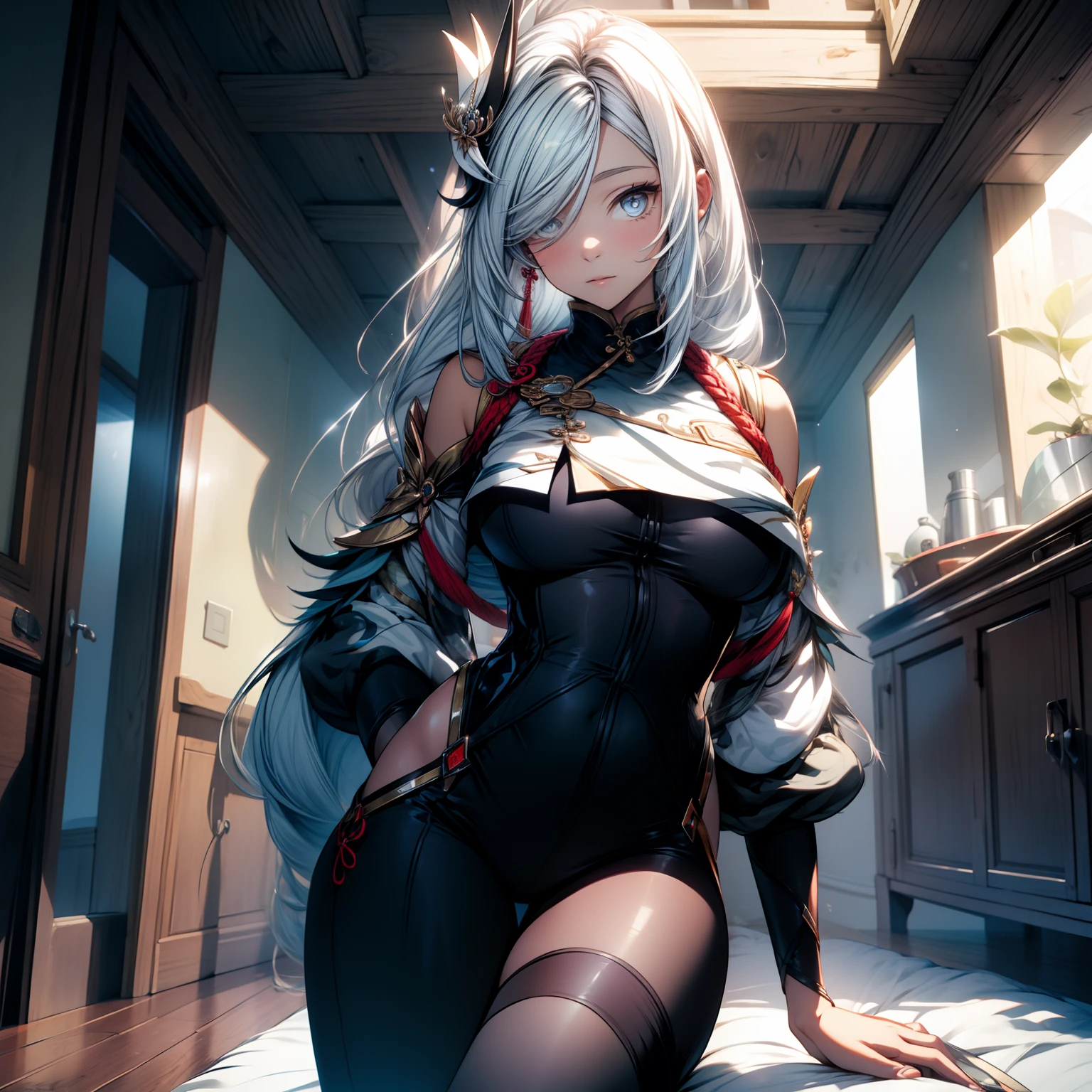 (masterpiece, best quality), (full-body shot), 1girl, indoors, BREAK big breast, H-cup, good breast, beautiful, gorgeous ,large breast, BREAK expressive eyes, iridescent eyes,white hair, long braided hair, perfect face, BREAK bedroom, Shenhe wears a form-fitting jumpsuit , white sleeves, hair ornament, long white hair, detailed eyes, shenhe_genshin,