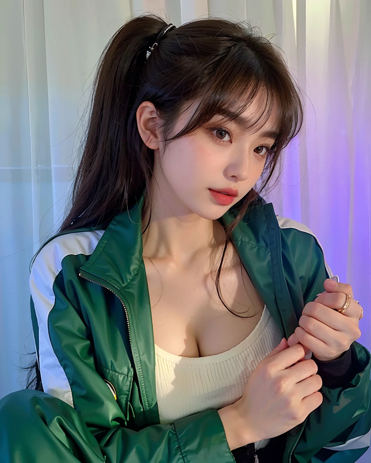 Exposed nipples、Air Force Pilot、Pose in front of a fighter、Photographed on the runway、dark green flight suit、High exposure、Photorealistic images of solo idols, Morning Musume inspired by Eri Kamei, Radiates charm and beauty with plenty of bust and subtle exposure of cleavage. The image is、Must reflect a real person of the highest quality, Powered by Ultra-HD (16 K) resolution, crisp detail, Vivid colors, Dynamic Range, Soft bokeh, Fine texture, Realistic realism, Pin Sharp Focus. The camera setup is、Nikon D850 and NIKKOR Z 58mm Boobs Boobs Boobs Boobs F。/0.95 S Noct lens,  The setting must be ISO 64, F/0.95, Shutter speed is 1/60. --ar 16:9 - V5.1 --Style raw --Q 2 --S 750