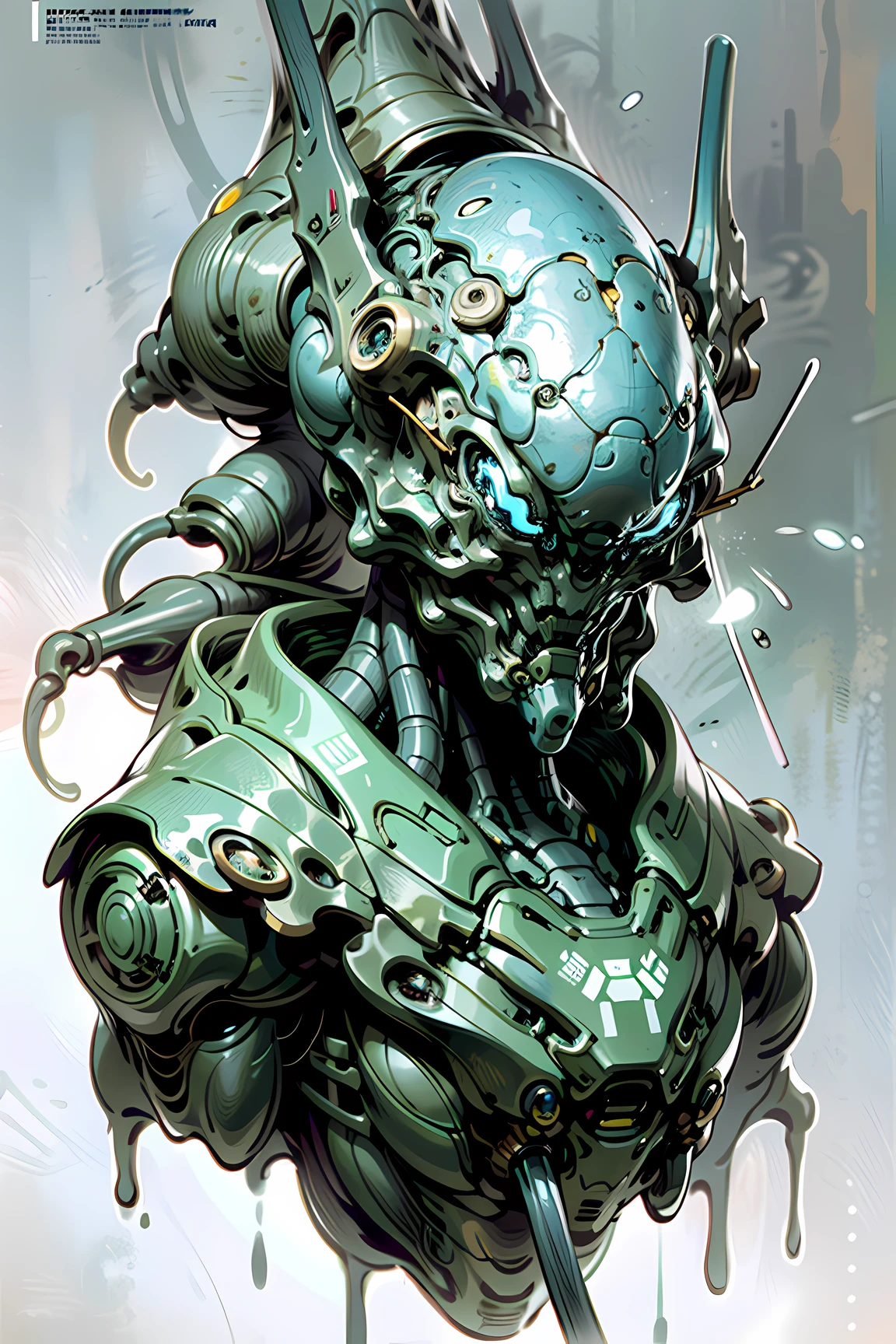 full body illustration, alienpunk, blue alien, cyborg body, bio-cyborg hybrid face, tactile sense, wire, mecha, slimey、Face with sticky substance、at cyborg space ship eroded by mushrooms, concept art by Destiny2,