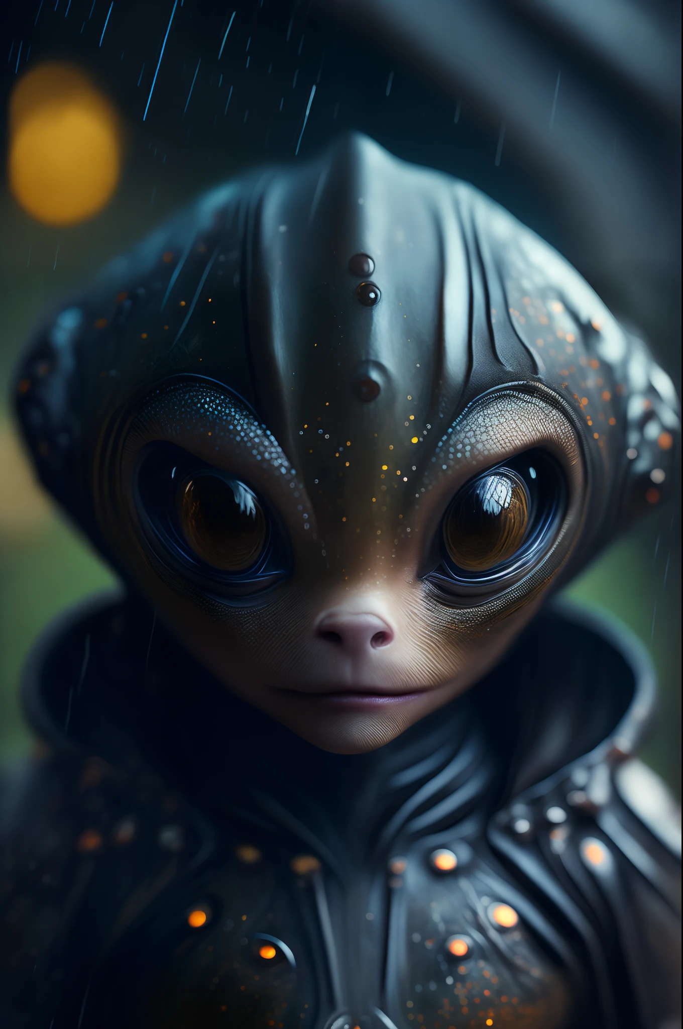 hyper realistic, cute alien, rain effect, 64k resolution photorealistic Masterpiece by Ridley Scott, intricately detailed fluid painting, HD, professional photography, dark lighting, volumetric lighting maximalist photo illustration, 64k resolution concept art with intricately detailed, complex, elegant, expansive, fantastical, ultra sharp, 64k,