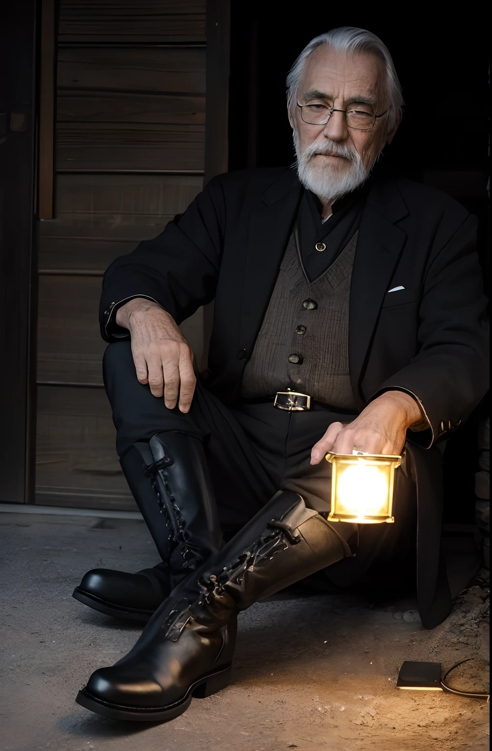 with a goatee，Old gentleman in black riding boots，Show off his boots，The light source is in the upper left corner。