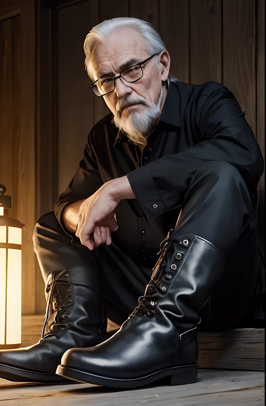 with a goatee,Old gentleman in black riding boots,Show off his boots,The light source is in the upper left corner。