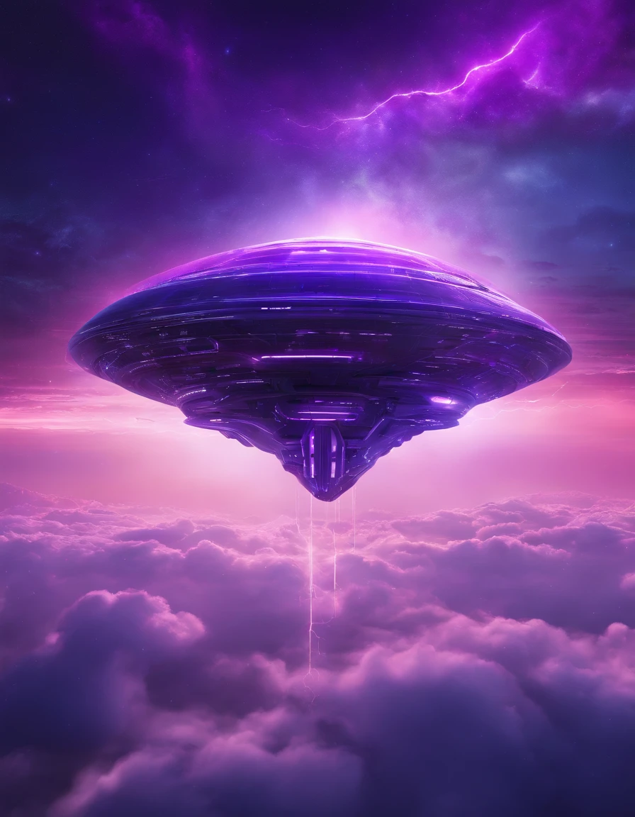 Futuristic alien ship flying above the clouds, Dark sky, purple lighting, rain,Lightning, Ultra photo realsisim, Highly detailed,8K