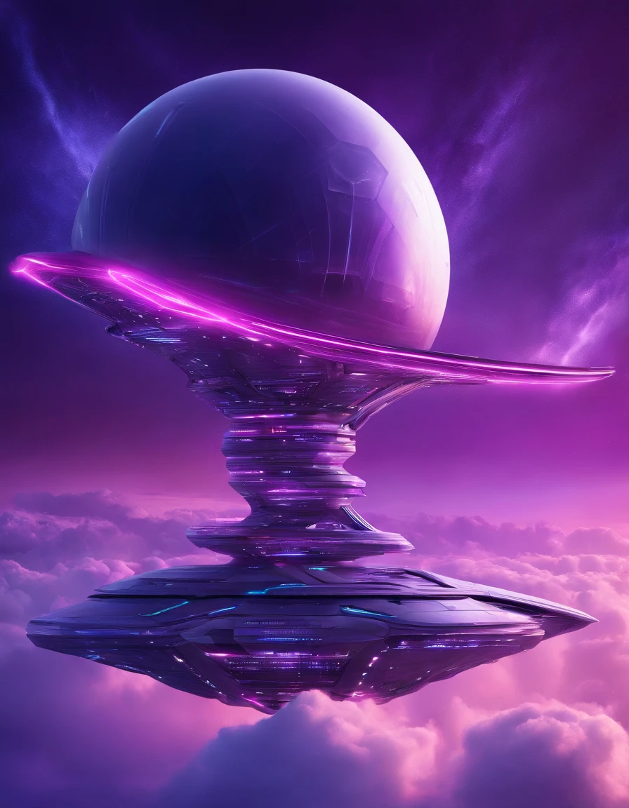 Futuristic alien ship flying above the clouds, Dark sky, purple lighting, rain,Lightning, Ultra photo realsisim, Highly detailed,8K