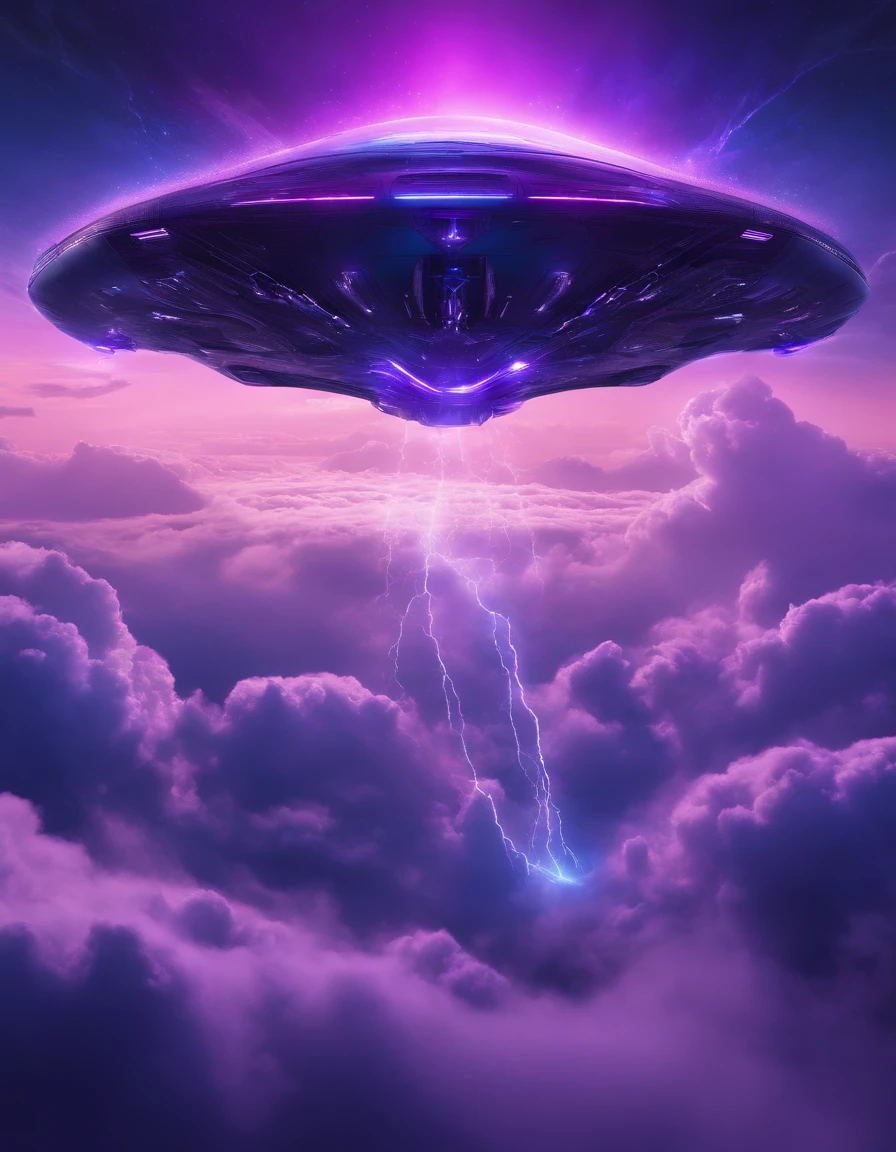 Futuristic alien ship flying above the clouds, Dark sky, purple lighting, rain,Lightning, Ultra photo realsisim, Highly detailed,8K