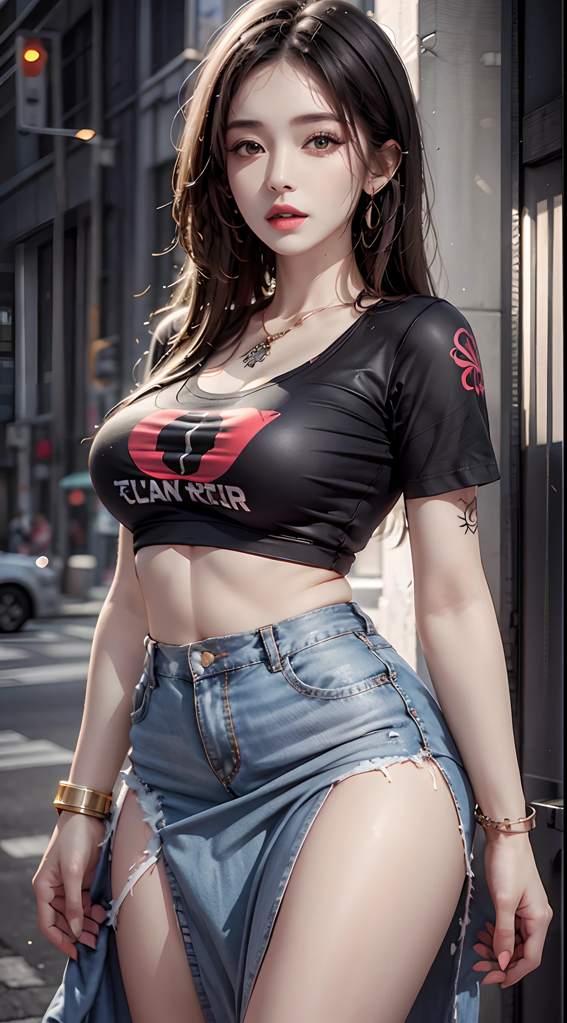 photorealistic, high resolution, 1women, mature female, solo, hips up, jewelry, tattoo, street wear, t-shirt, skirt