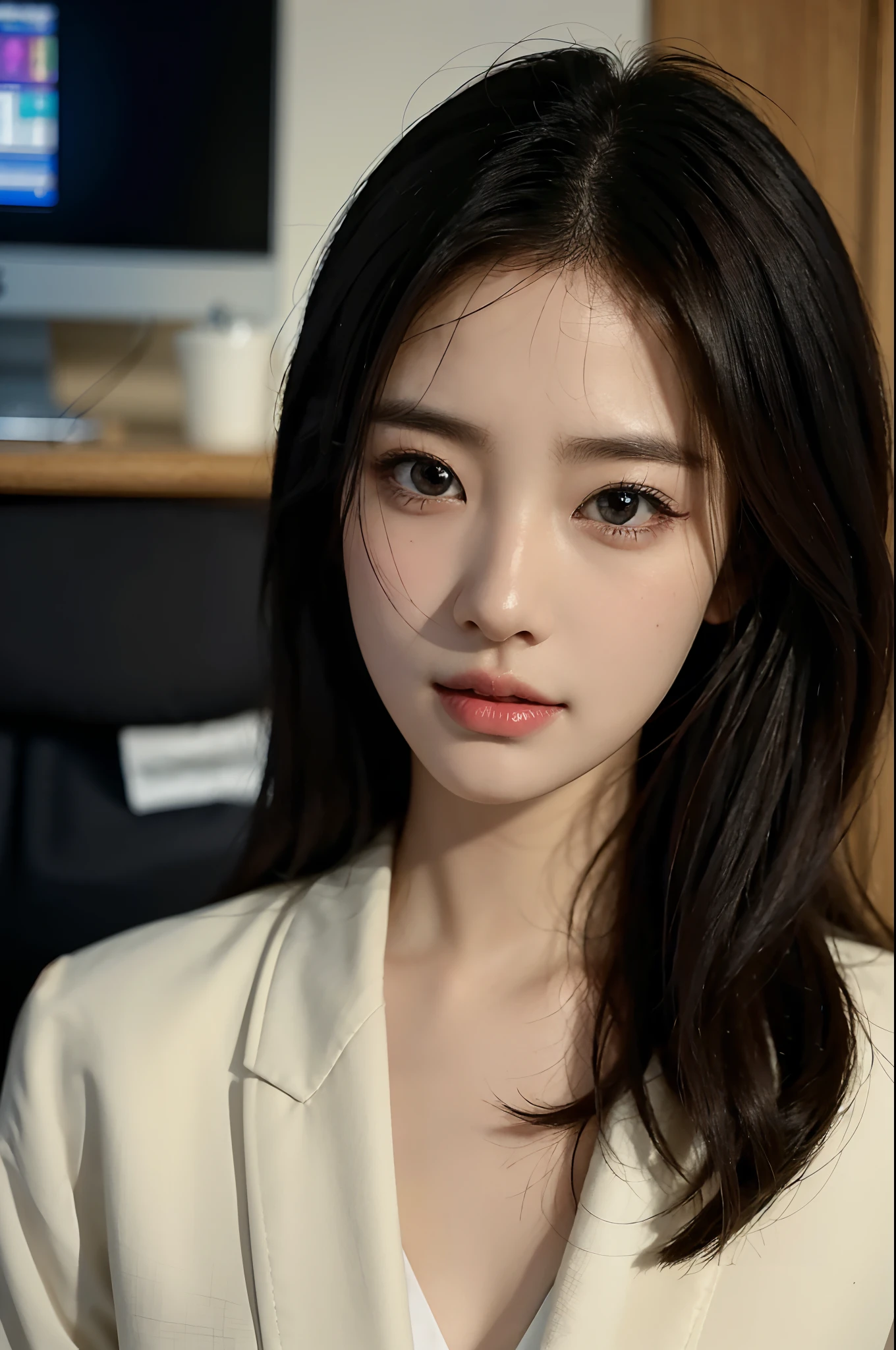 High-res, Realistic portrait of professional korean office lady with perfect skin,Professional suits,Women's suits,stand posture,The upper part of the body,Women in the workplace,Show confidence and maturity, Surrounded by a modern corporate environment, Vibrant and naturally lit highlights. The artwork should emphasize her elegant facial features, Including charming long eyes, Fluttering eyelashes and seductive lips. The scene should be enhanced with elements of professionalism and visual appeal,For example, Stylish work desk, Mainframe computers, High-resolution display, and complex stationery. The overall tone should be warm and professional, Has a soft and natural color palette. The artwork should exude a sense of professionalism, Success, and cultural pride,The background is blurred out