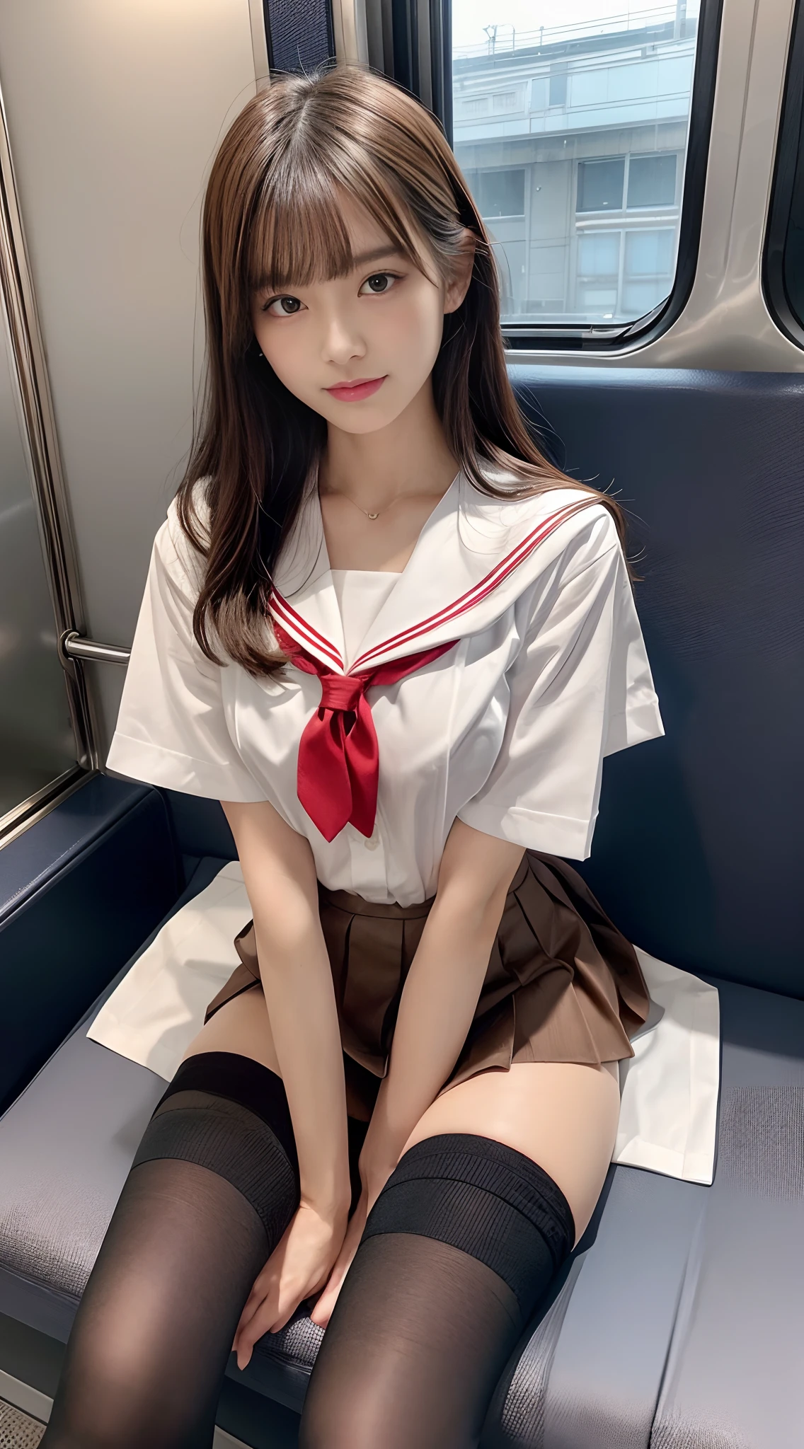 top-quality,ultra-detailliert,masterpiece,realisitic,Photo Real,Bright lighting,1 girl in, an extremely beautiful -yeld gi (kawaii:1.2),Thin smile, (Brown eyes),(brown haired),(bangss),perfect glossy skin,flawless skin,((erotick,Sexy and sexually explicit,NSFW)),((accurate hands without incongruity)), large full breasts,big breasts thin waist, Look at viewers,((a sailor suit)),((Short sleeve uniform white shirt)),(red necktie),(Blue Mini Pleated Skirt),(((skirt lift by yourself))),(lifted by self),(Showing panties),panties on,panties focus,((Sit with your knees upright、Spread your crotch and show off your panties、M-shaped legs)), sockes, (Black knee socks),(Loafer shoes), during daytime,On the train,Horizontal long seat with your back to the window