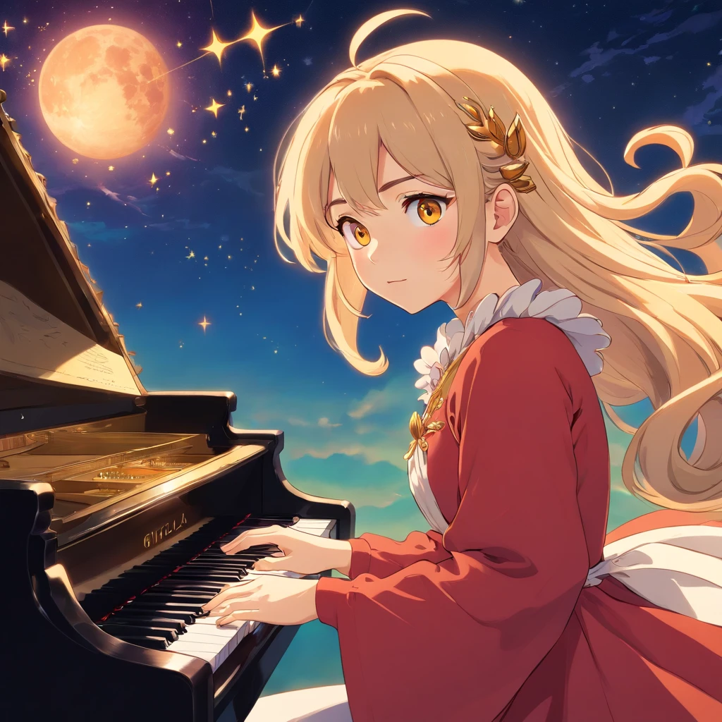 (best quality,high-resolution,ultra-detailed),1 girl, goddess of Aries constellation, solo performance, mature woman, Baroque, long gown, long sleeves, rich and vibrant colors, extreme detail description, upper body on the piano, sunset-colored hair, fiery eyes, brave and courageous, whimsical, effective, progressive humanitarian face.