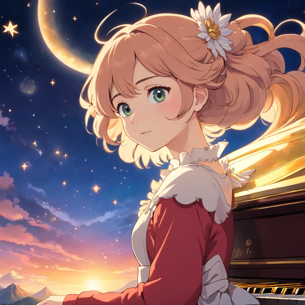 (best quality,high-resolution,ultra-detailed),1 girl, goddess of Aries constellation, solo performance, mature woman, Baroque, long gown, long sleeves, rich and vibrant colors, extreme detail description, upper body on the piano, sunset-colored hair, fiery eyes, brave and courageous, whimsical, effective, progressive humanitarian face.