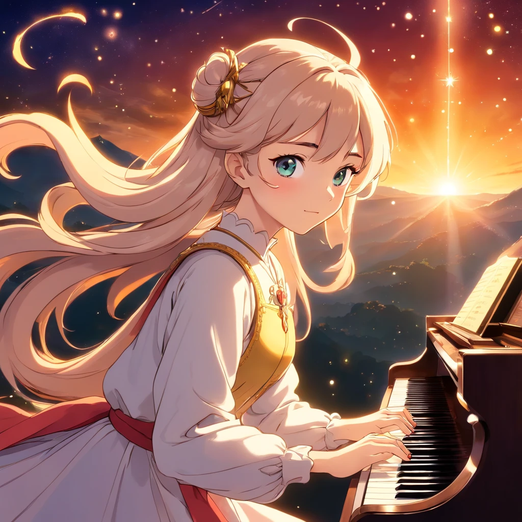 (best quality,high-resolution,ultra-detailed),1 girl, goddess of Aries constellation, solo performance, mature woman, Baroque, long gown, long sleeves, rich and vibrant colors, extreme detail description, upper body on the piano, sunset-colored hair, fiery eyes, brave and courageous, whimsical, effective, progressive humanitarian face.
