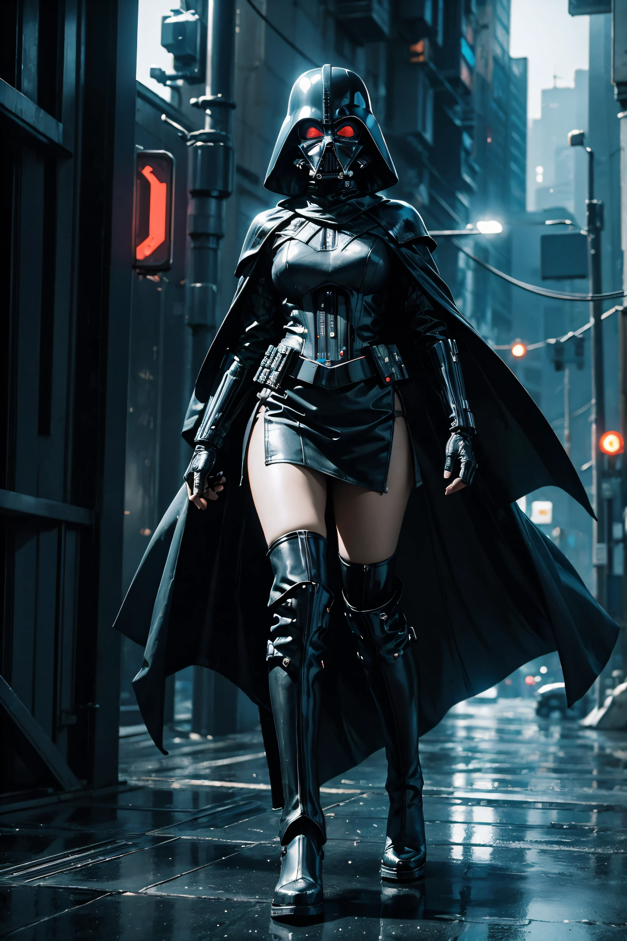 Sexy Female Darth Vader with Helmet, Mask, Armour ,Leather Long Boots and Skirt, Long Cape in a neon-lit cyberpunk cityscape, under pouring rain, in the style of H.R. Giger, rendered in oil on canvas, with an abstract twist, featuring a vibrant, dynamic lighting scheme, utilizing 3D computer graphics, in 8K ultra-high-definition resolution, exuding an eerie, futuristic atmosphere.