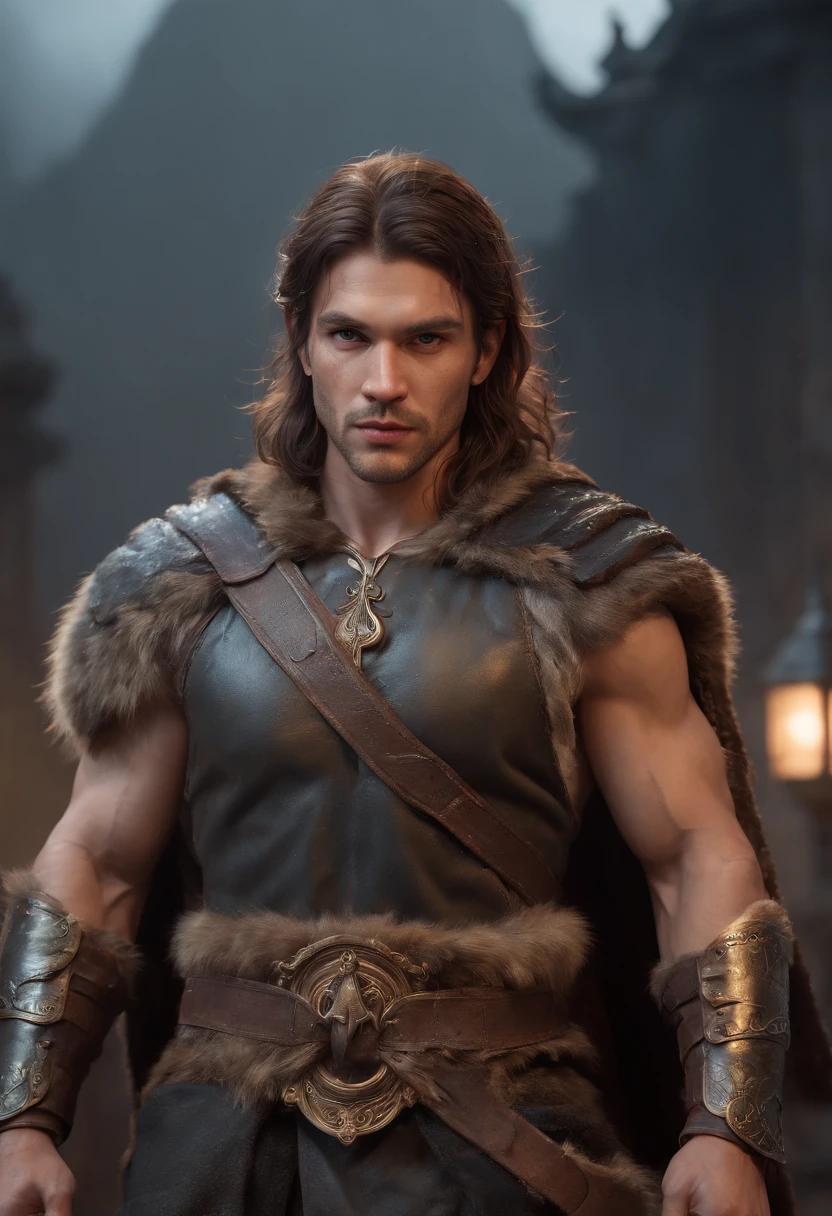 (professional 3d render:1.3) af (Realistic:1.3) most beautiful artwork photo in the world,Features soft and shiny male heroes, ((Epic hero fantasy muscle man rough wet hero angry looking long hair short beard and ferocious expression in dynamic pose, Fantastic location, Majestic cluttered environment)), Full body 8K unified rendering, action shot, skin pore, very dark lighting, heavyshading, Detailed, Detailed face, (vibrant, photograph realistic, Realistic, Dramatic, Dark, Sharp focus, 8K), (Old leather garments damaged by weathering:1.4), ((((Wear fur)))), (Intricate:1.4), decadent, (Highly detailed:1.4), Digital painting, rendering by octane, art stations, concept-art, smooth, Sharp focus, illustration, Art germ, (loish:0.23), wlop ilya kuvshinov, and greg rutkowski and alphonse mucha gracias, (Global illumination, Studio light, volumettic light), heavy rain, particles floating, lotr, fantasy, elf, full bodyesbian, ((Dark and ancient city background:1.3)),CGSesociety,art stations