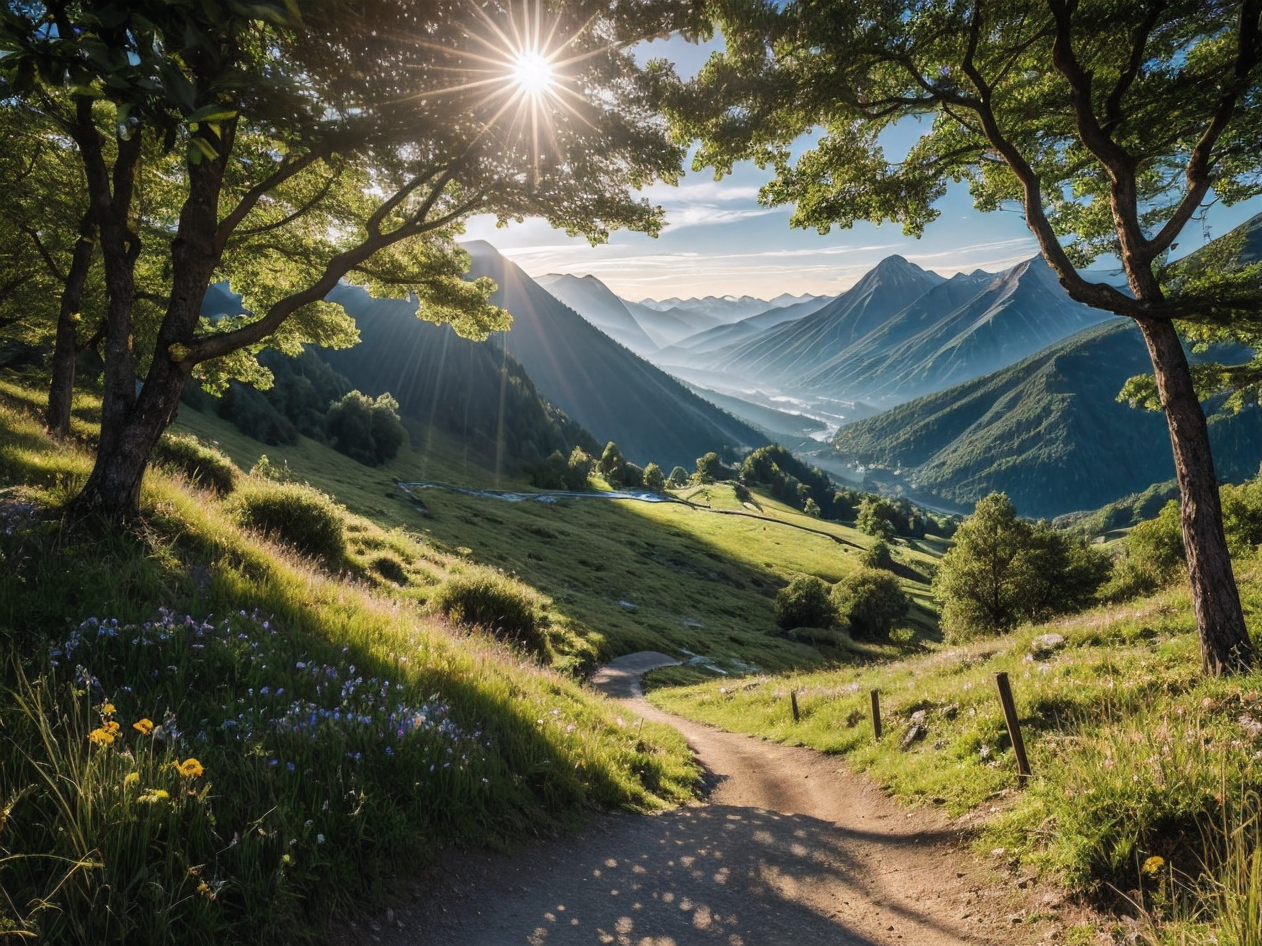 very high resolution, (fidelity: 1.4), photo, day, best quality, 8k, (masterpiece: 1.3), ultra realistic, bright sun, spring, lush vegetation, 1 path, view of 1 path leading to the top of the mountain, path high in the mountains, peaks visible in other mountains, best quality, very high resolution, raw photo, bright diffused light, hyperrealistic, detailed nature,