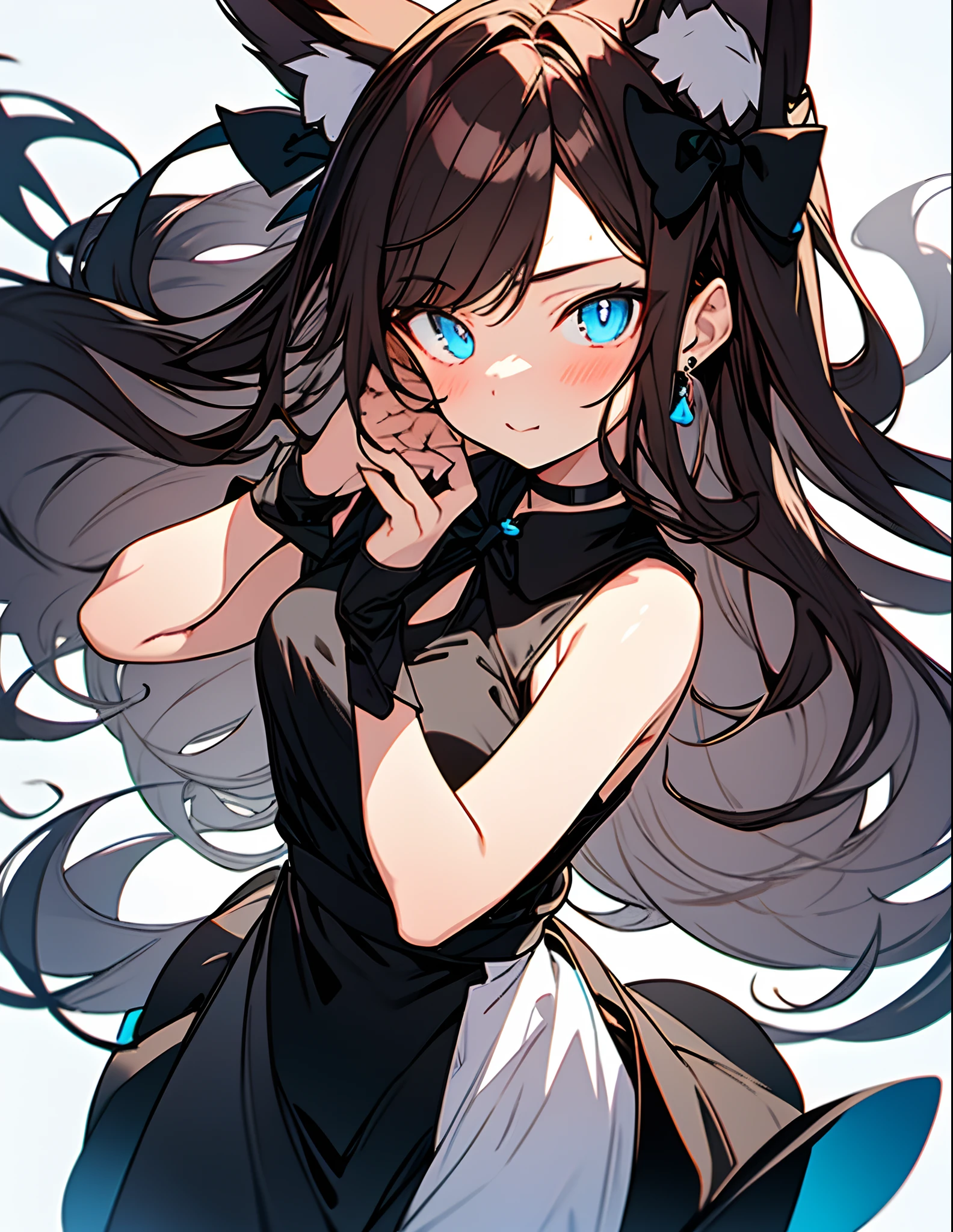 tmasterpiece, beste-Qualit, s face,Brown hair, Brown fox ears,light blue eyes,hairlong, black sleeveless dress,Choker with bow