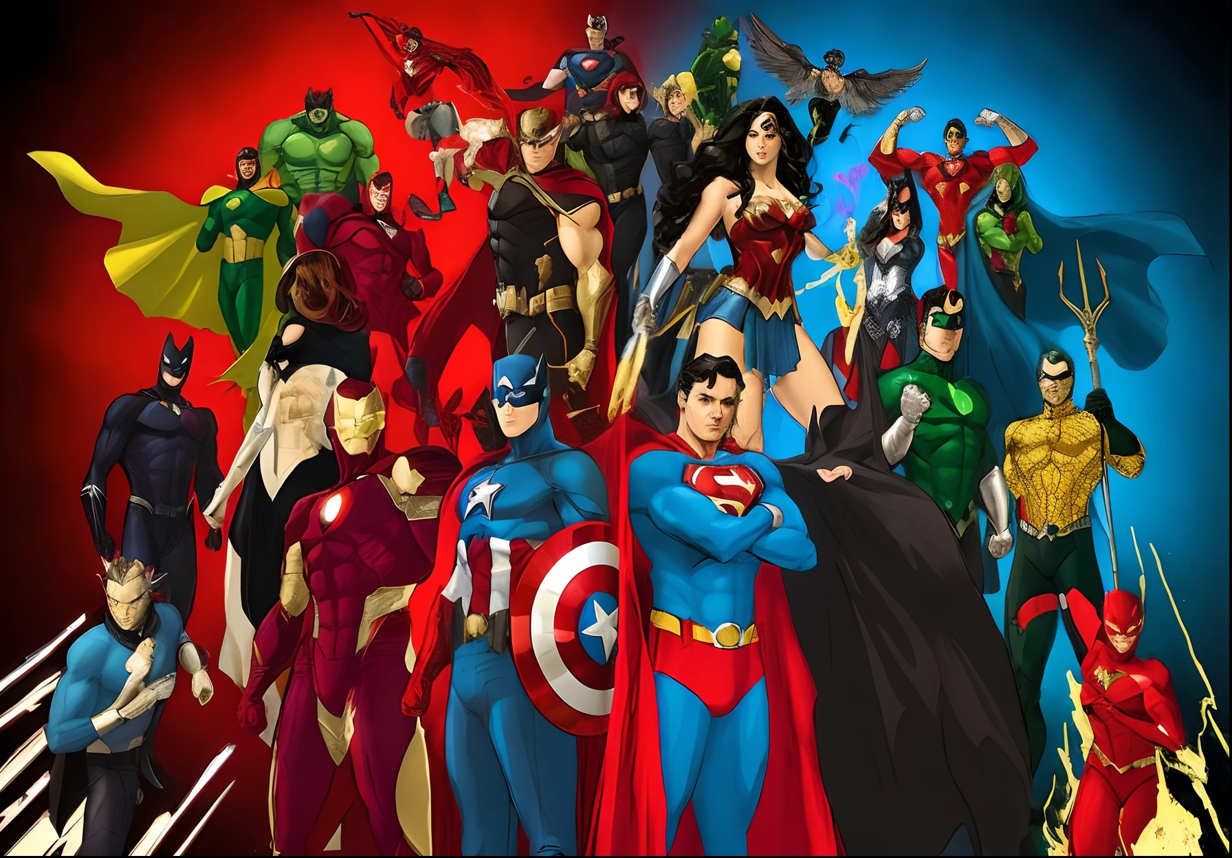a group of superheros standing together in front of a red background, dc comics art style, in style of marvel and dc, dc comics style, dc vs marvel fashion, superheroes, style of dc comics, heroic!!!, justice league, in the justice league, dc universe, super hero art, super heroes, marvel comic book characters, dc comic, dc comics