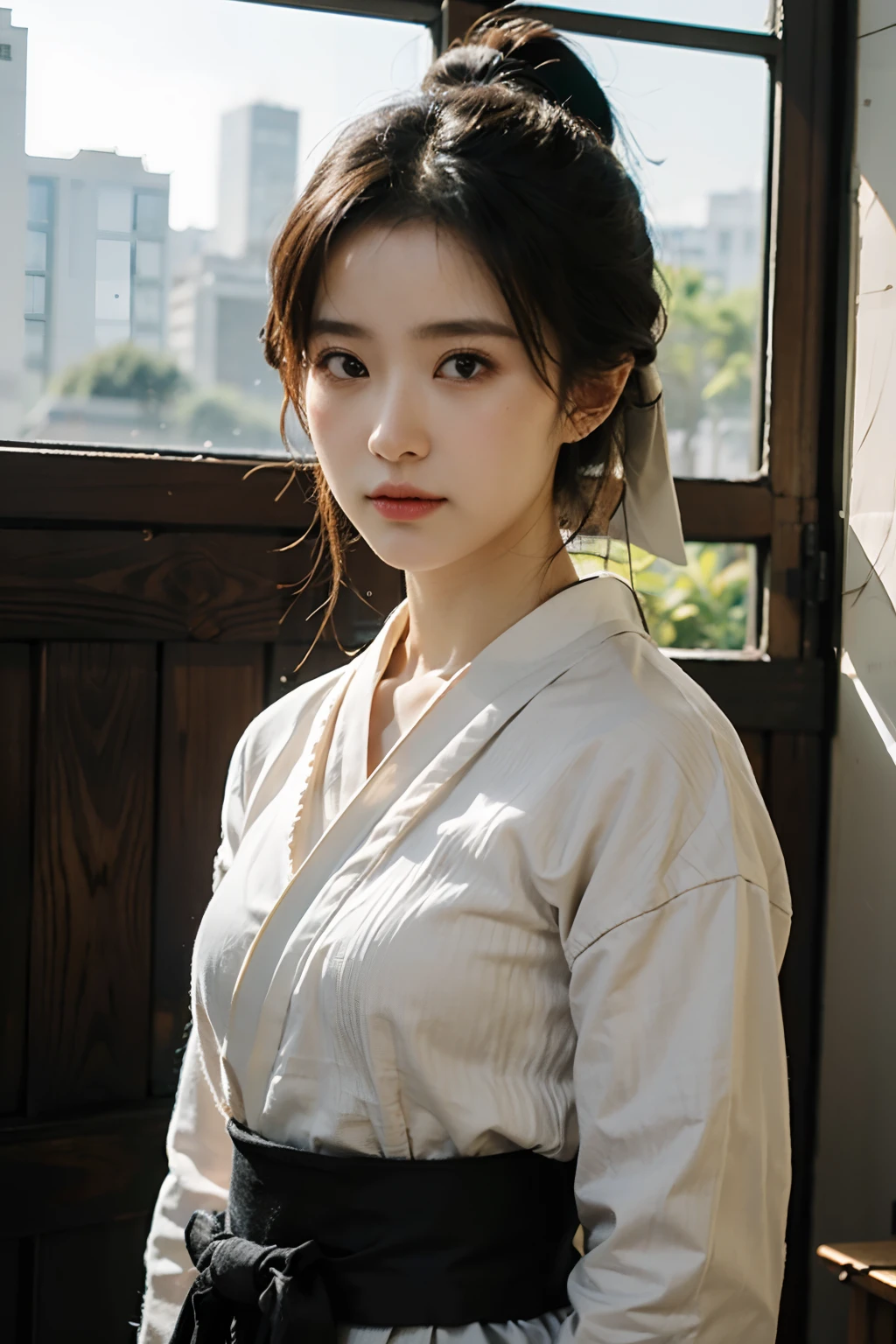 (masutepiece 、Best Quality 、HDR UHD 、Professional)、(Photorealsitic:1.4)、1girl in、Natural light、(Kyudo、Hakama、Draw a bow)、
