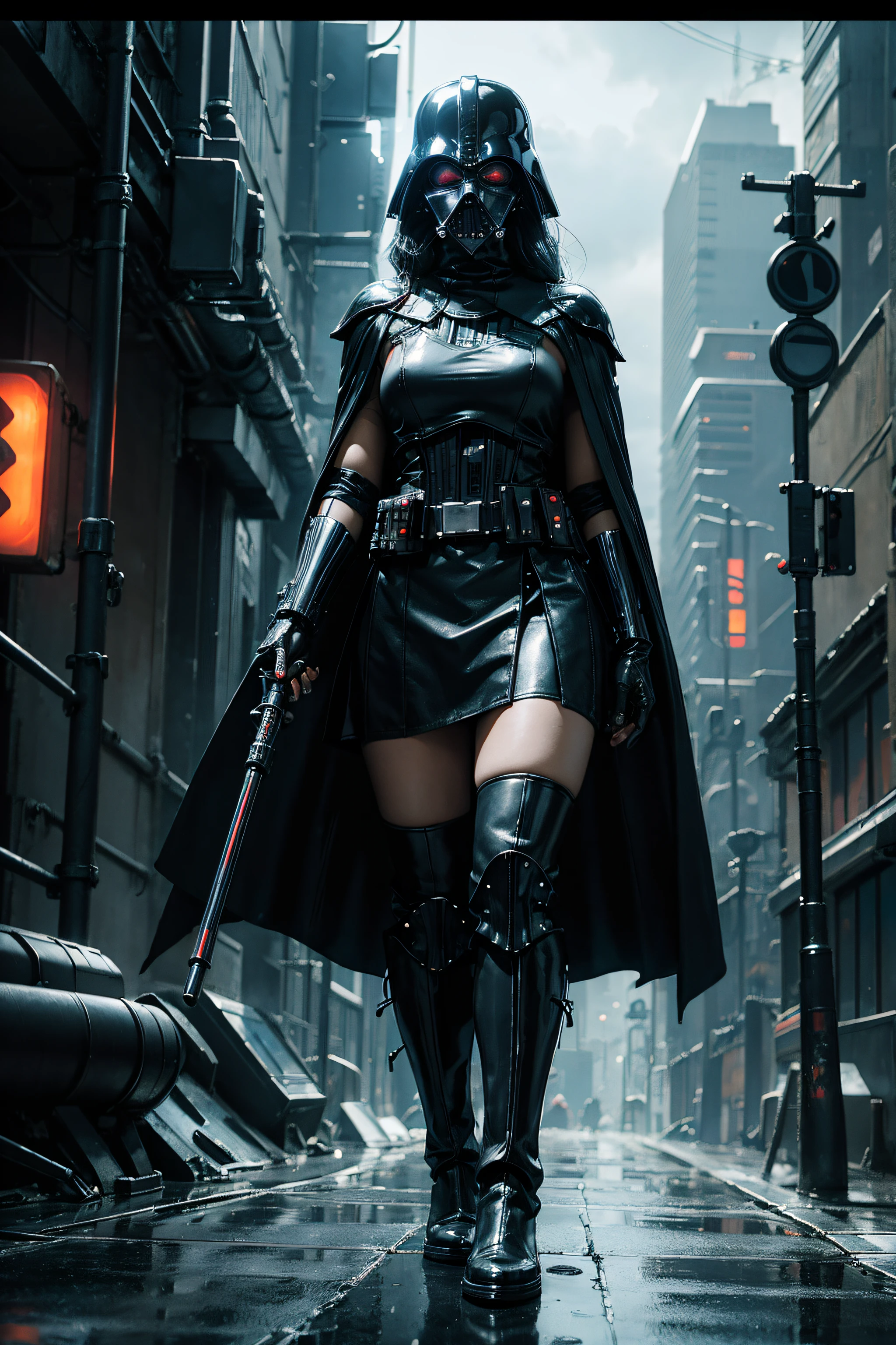 Sexy Female Darth Vader with Helmet, Mask, Armour ,Leather Long Boots and Skirt, Long Cape in a neon-lit cyberpunk cityscape, under pouring rain, in the style of H.R. Giger, rendered in oil on canvas, with an abstract twist, featuring a vibrant, dynamic lighting scheme, utilizing 3D computer graphics, in 8K ultra-high-definition resolution, exuding an eerie, futuristic atmosphere.