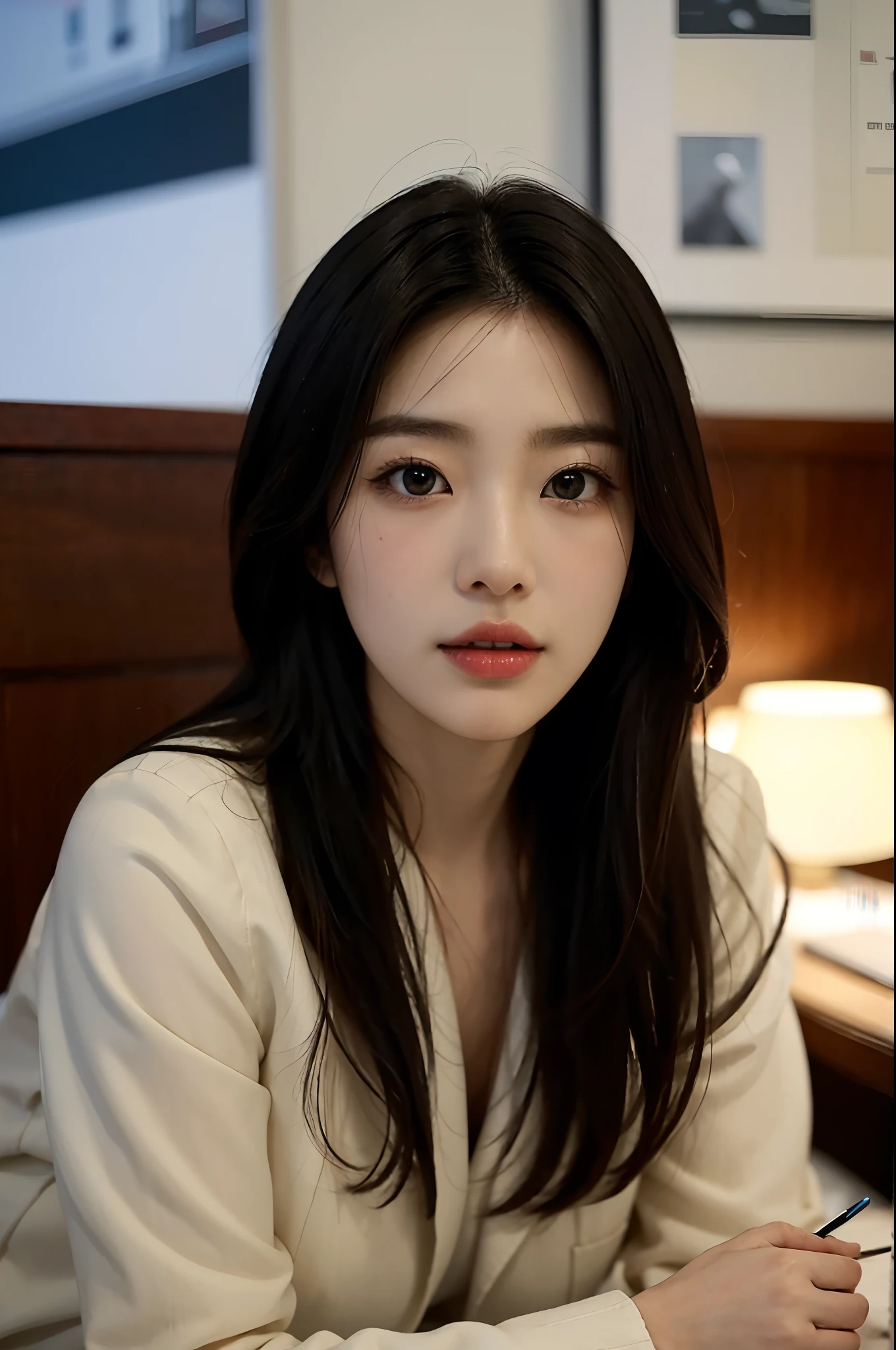 High-res, Realistic portrait of professional korean office lady with perfect skin，Professional suits，Women's suits，stand posture，The upper part of the body，Women in the workplace，Show confidence and maturity, Surrounded by a modern corporate environment, Vibrant and naturally lit highlights. The artwork should emphasize her elegant facial features, Including charming long eyes, Fluttering eyelashes and seductive lips. The scene should be enhanced with elements of professionalism and visual appeal，For example, Stylish work desk, Mainframe computers, High-resolution display, and complex stationery. The overall tone should be warm and professional, Has a soft and natural color palette. The artwork should exude a sense of professionalism, Success, and cultural pride，The background is blurred out