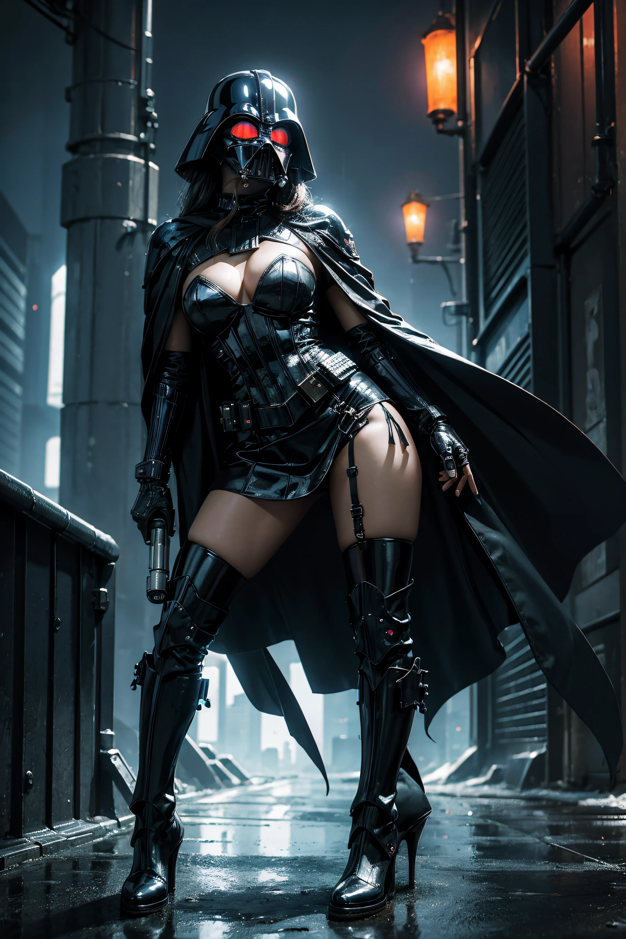 Sexy Female Darth Vader with Helmet, Mask, Armour ,Leather Long Boots and Skirt, Long Cape in a neon-lit cyberpunk cityscape, under pouring rain, in the style of H.R. Giger, rendered in oil on canvas, with an abstract twist, featuring a vibrant, dynamic lighting scheme, utilizing 3D computer graphics, in 8K ultra-high-definition resolution, exuding an eerie, futuristic atmosphere.