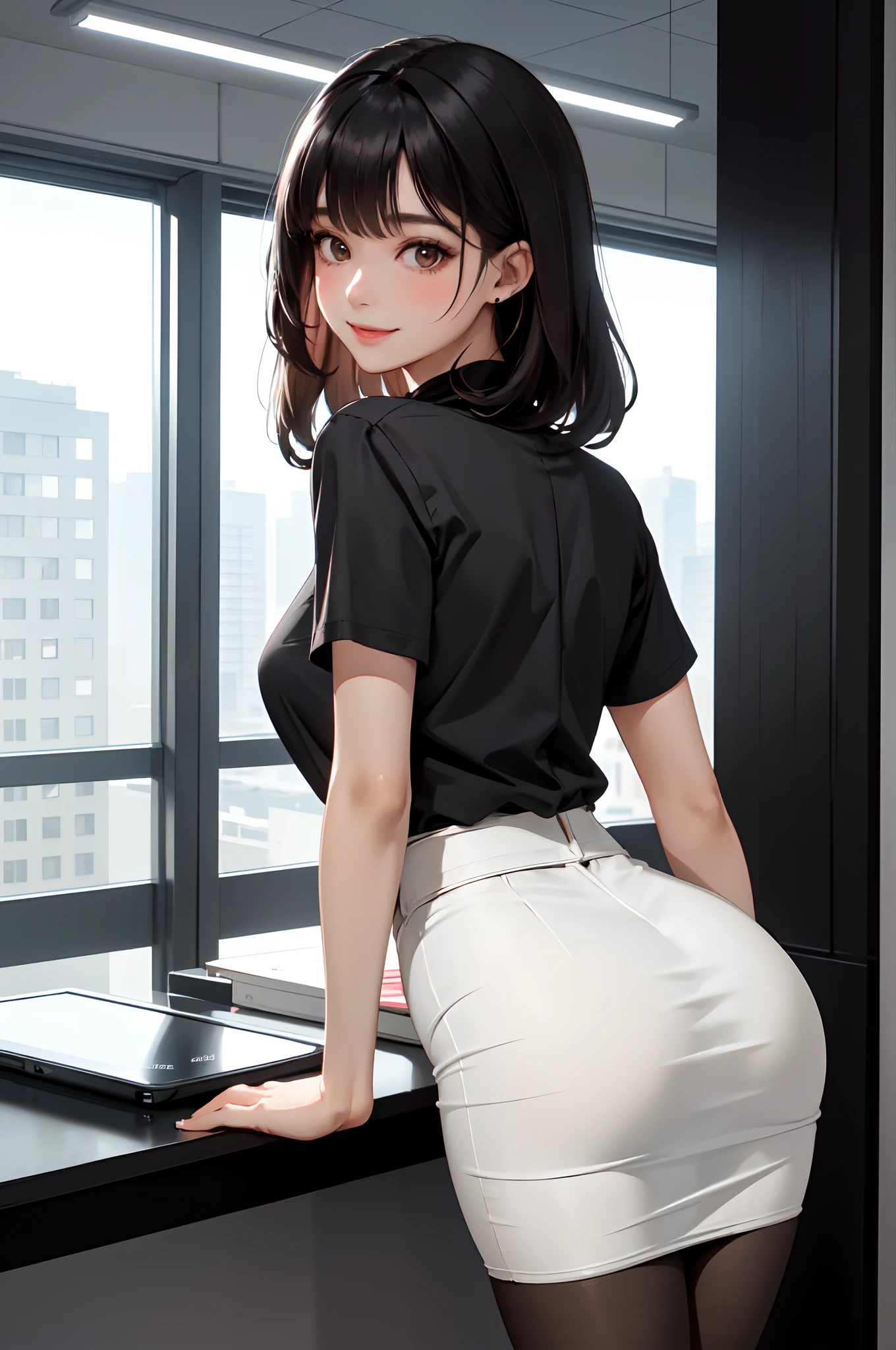 /(modern office indoors/), 1lady solo (looking back from behind), /(casual shirt pencil skirt pantyhose/) /(black hair/) bangs, blush kind smile, (masterpiece best quality:1.2) ultra-detailed