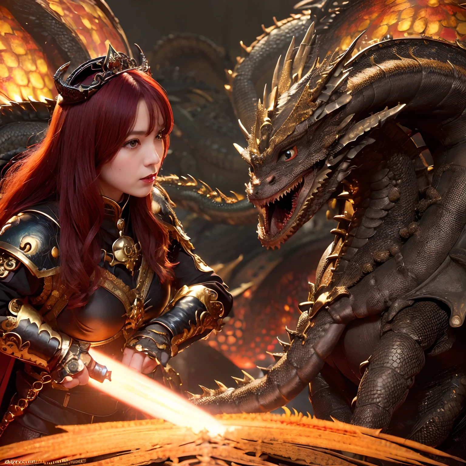 (The Ultimate Beauty Face), Professional , masterpiece、top-quality、photos realistic , depth of fields (Gemstone Black Metal Body:1.4),(Matte Gold、(cleavage of the breast)、Dragon Gold Weapon,Mystical expression、Particles of light、((((Fight dragons)))、(Dragon Metal Body:1.4),Gorgeous gold weapons ,(( Dragon's dense and gorgeous sword)) , Beautiful knife ,warhammer 40k , adepta sororitas,Detail and gorgeous crown、((Red hair))、(Castle background)、、((Gangle's forest background))、Beautiful Caucasian beauty、1a person、dynamic ungle,(((Detailed and ornate Black Devil Crown)))、Smaller head、A smile、Castle background、Thin and beautiful female hands、cleavage of the breast、Soldier in iron armor on background、Mystical expression、Light Effects、intense fighting、Wind-effect、magic circles、With the legendary magic wand、(demonic wings)、
