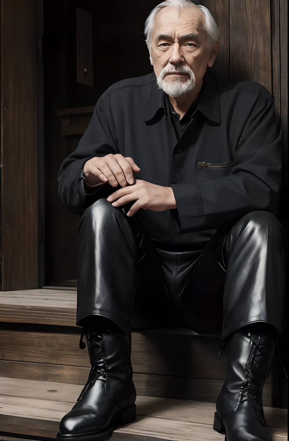 with a goatee，Old gentleman in black riding boots，Show off his boots，The light source is in the upper left corner。