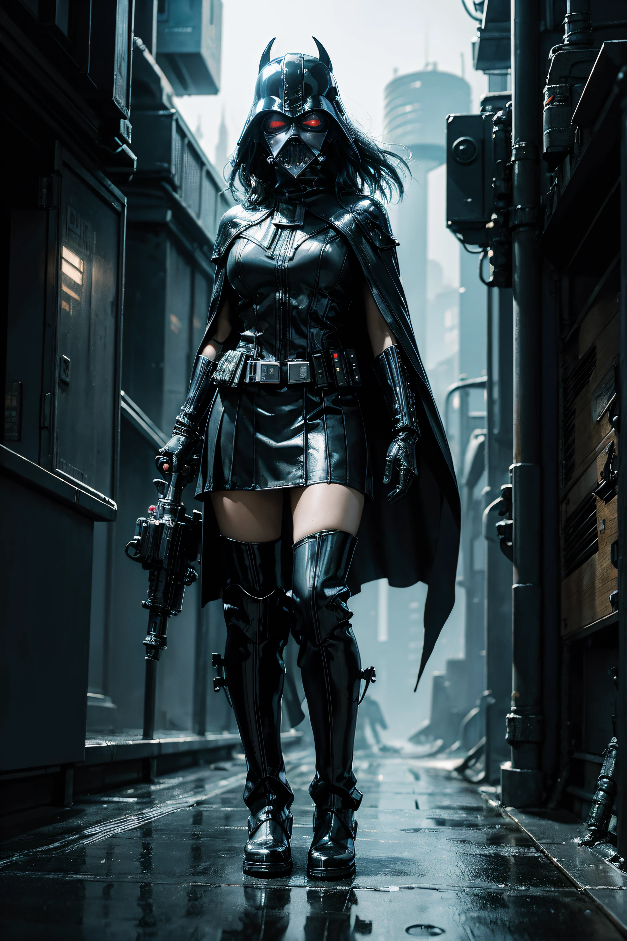 Sexy Female Darth Vader with Helmet, Mask, Armour ,Leather Long Boots and Skirt, Long Cape in a neon-lit cyberpunk cityscape, under pouring rain, in the style of H.R. Giger, rendered in oil on canvas, with an abstract twist, featuring a vibrant, dynamic lighting scheme, utilizing 3D computer graphics, in 8K ultra-high-definition resolution, exuding an eerie, futuristic atmosphere.