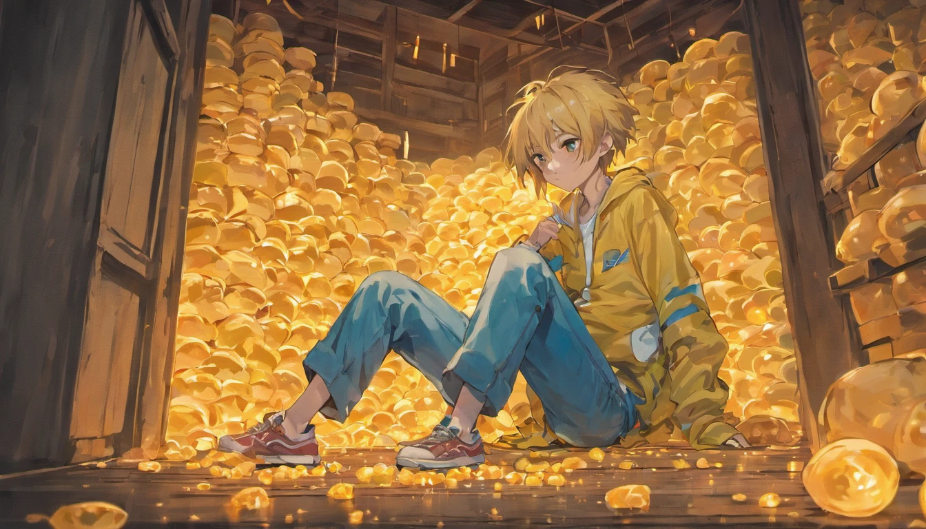 A young and emaciated person, wearing tattered clothes, squatting in a corner surrounded by empty instant noodle bags and bowls, emitting a depressing smell, ,in the style of the stars art group xing xing, 32k, best quality, masterpiece, super detail, high details