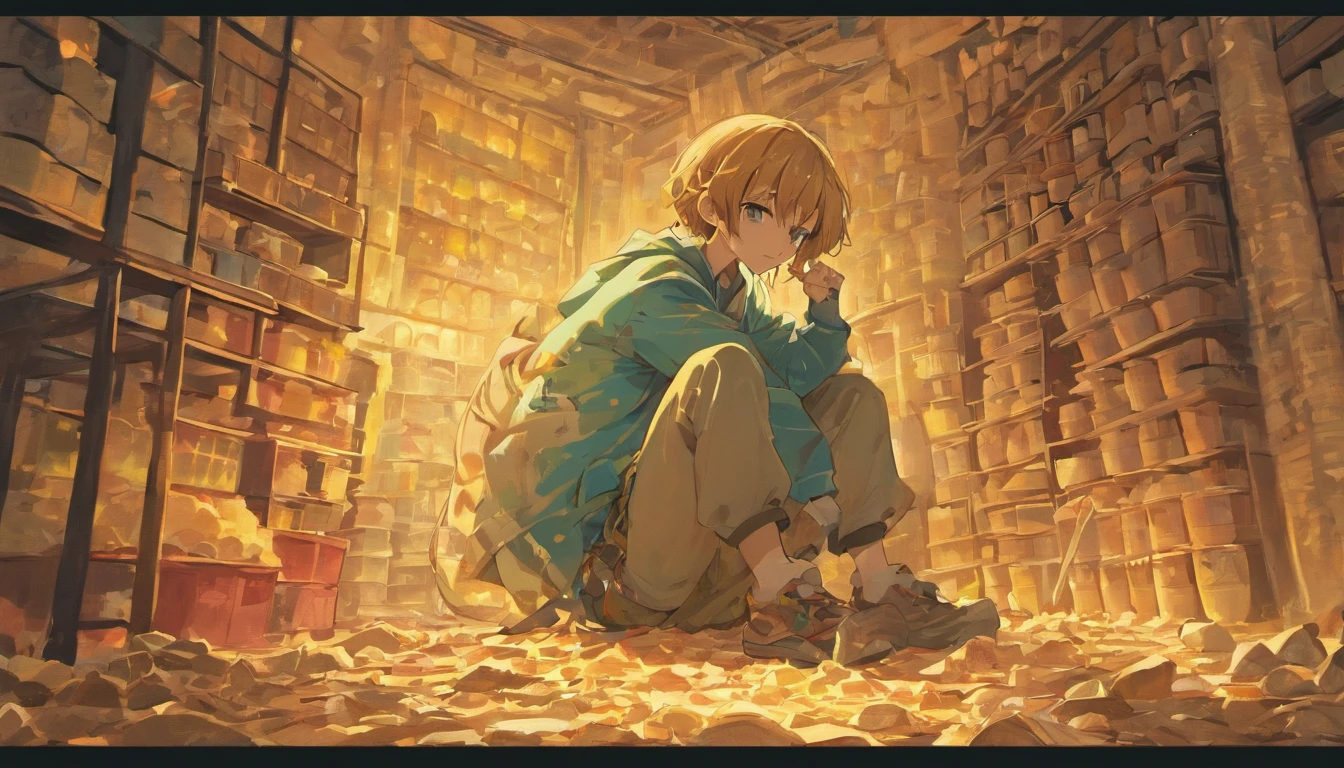 A young and emaciated person, wearing tattered clothes, squatting in a corner surrounded by empty instant noodle bags and bowls, emitting a depressing smell, ,in the style of the stars art group xing xing, 32k, best quality, masterpiece, super detail, high details