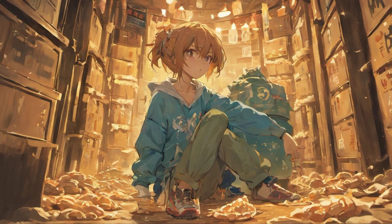 A young and emaciated person, wearing tattered clothes, squatting in a corner surrounded by empty instant noodle bags and bowls, emitting a depressing smell, ,in the style of the stars art group xing xing, 32k, best quality, masterpiece, super detail, high details