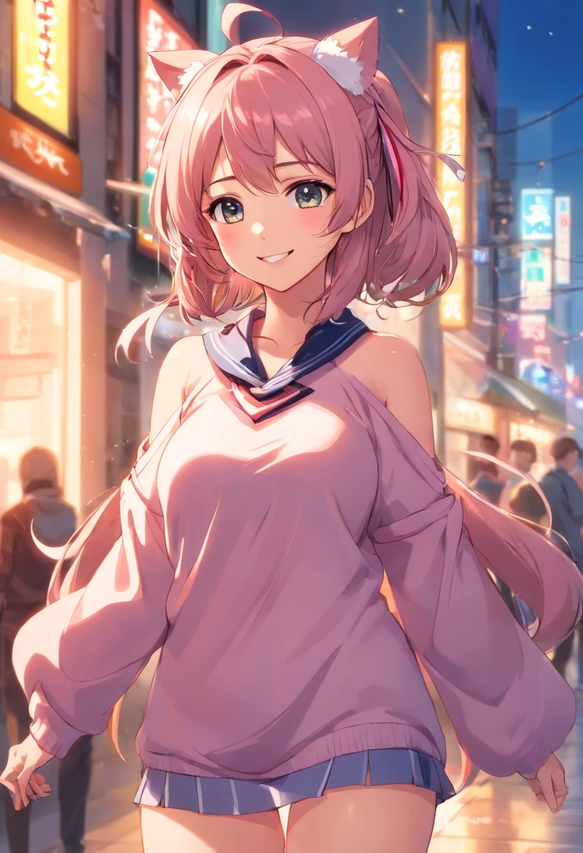 masterpiece, highres, 1girl, goddess of victory: nikke, pepper_(nikke),  ペッパー(勝利の女神_NIKKE), ulzzang-6500-v1.1, beautiful face, detailed face, pink hair, bangs, headphones, gloves, blue neckerchief,  sweater, thighs, blush, smile,  large breasts, full body, bare shoulders, eyebrows visible through hair, headgear, long hair, looking at viewer, sweater dress, standing