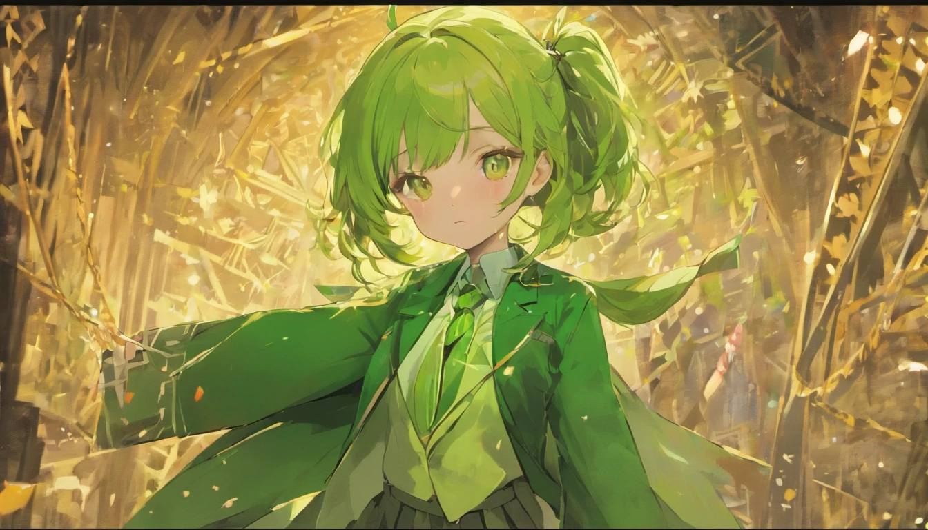 Masterpiece, Best quality, 1girll, Solo, Nahida_Genshin, cross-shaped pupils, school uniform, green necktie, Blazer, Pleated skirt, Green cape, standing