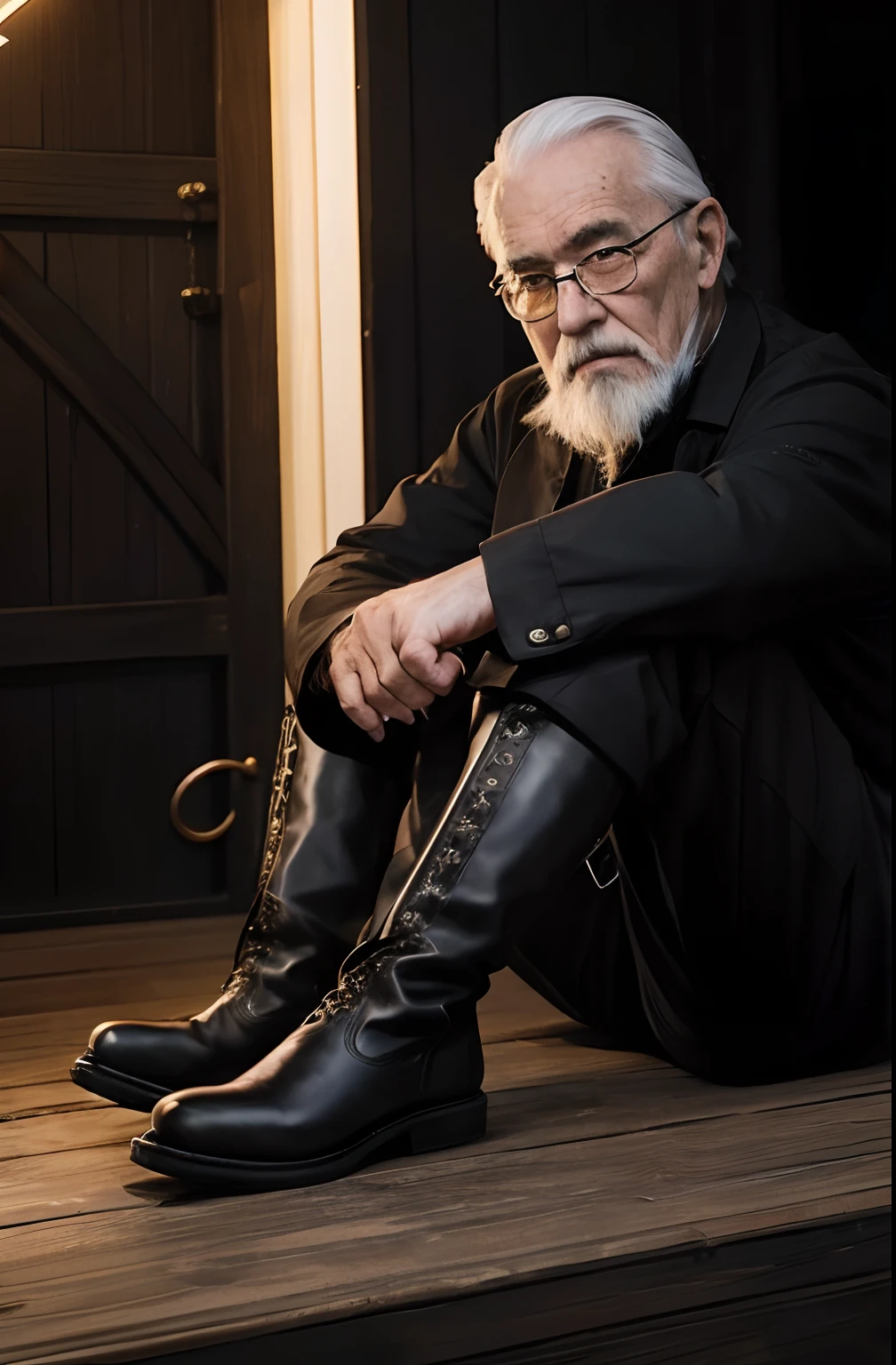 with a goatee,Old gentleman in black riding boots,Show off his boots,The light source is in the upper left corner。
