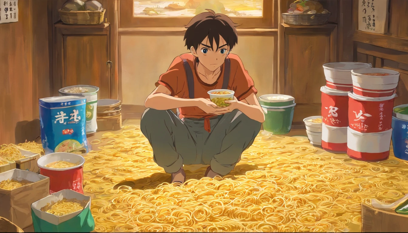 A young and haggard man, Wearing tattered clothes, Crouch in a corner,Surrounded by empty instant noodle bags and bowls, It emits a depressing smell, ,in the style of the stars art group xing xing, 32K, Best quality, Masterpiece, Super detail, High details