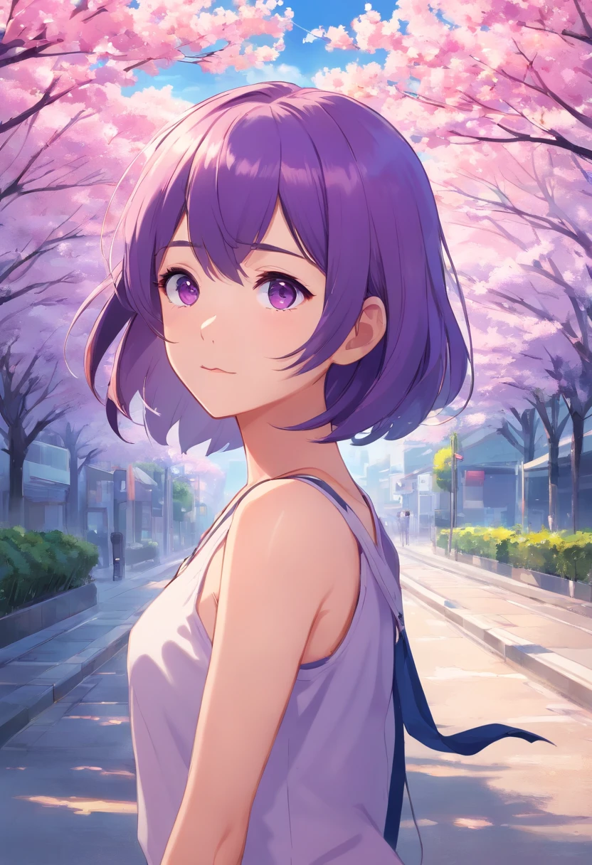 A high resolution, Masterpiece,Sakura Matou,fate, Purple hair, Solo, 1girll,outside,Detailing background, Detailed eyes,